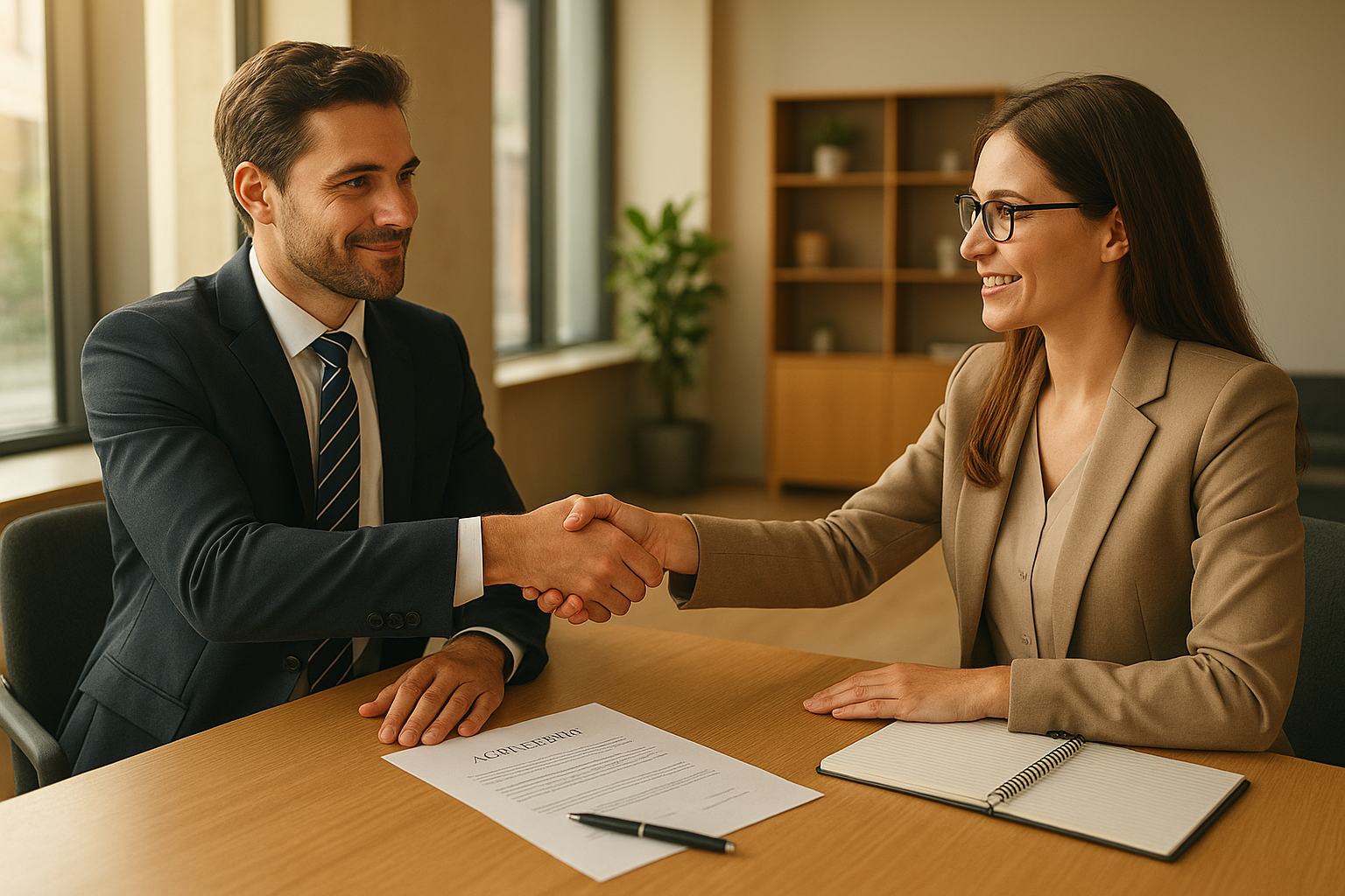 Business owner shaking hands with an HR consulting advisor after reviewing a service agreement