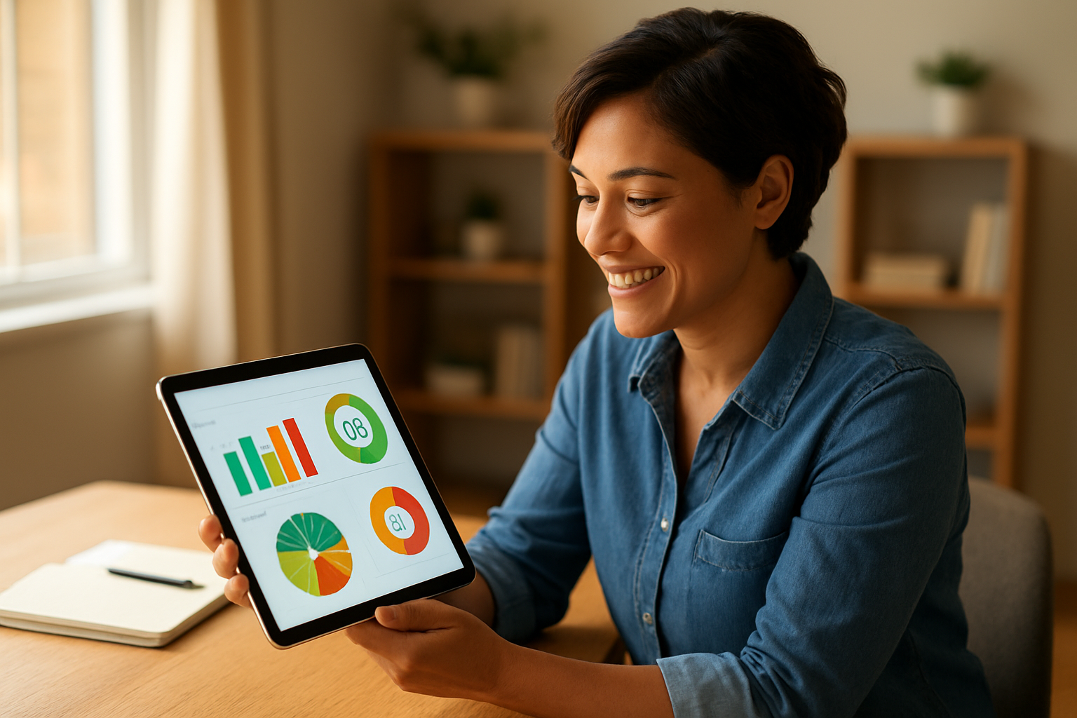 Small business owner reviewing an AI scorecard report on a tablet device