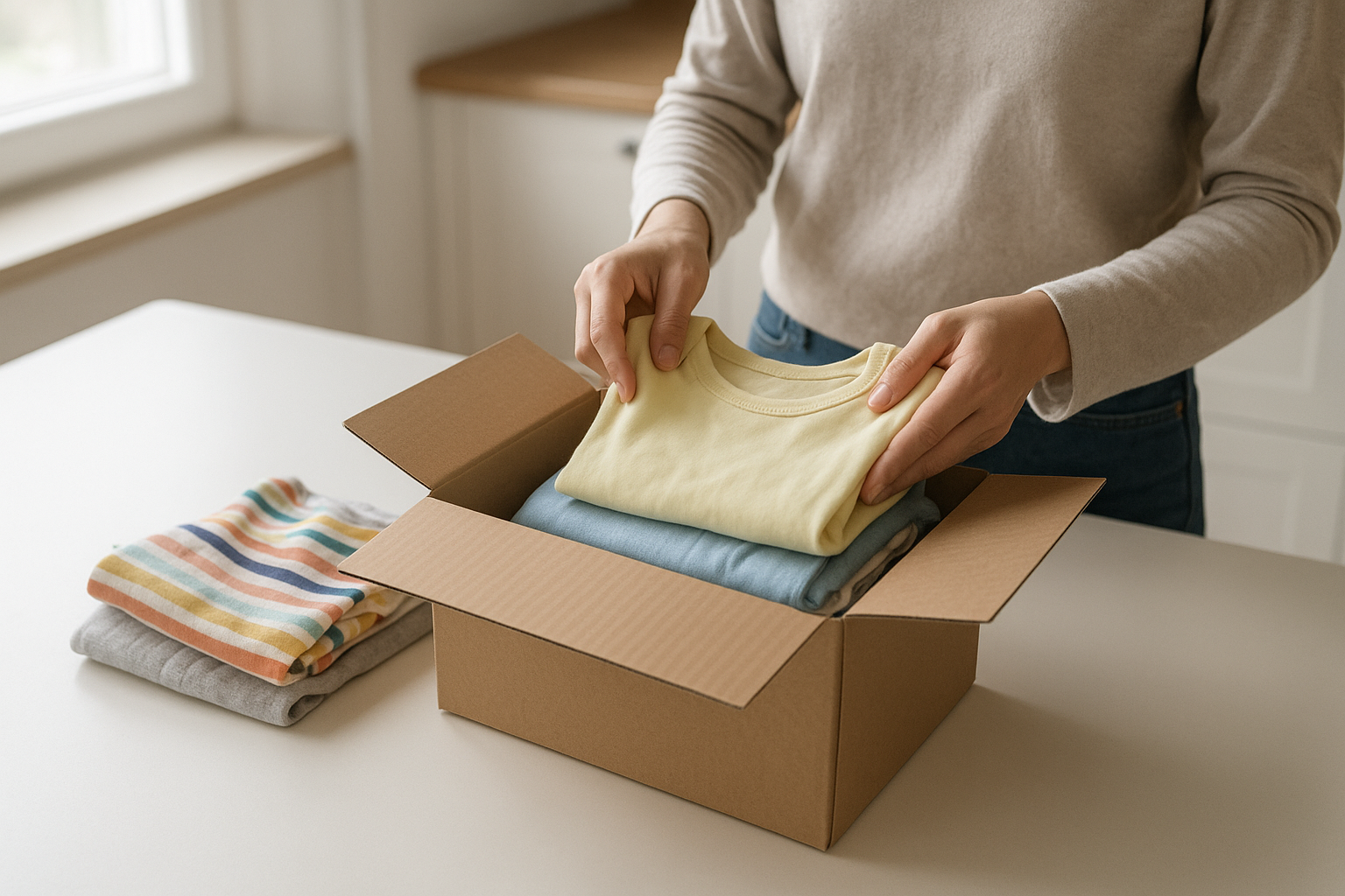 Parent preparing a free two-way shipping return for a kids clothing rental swap