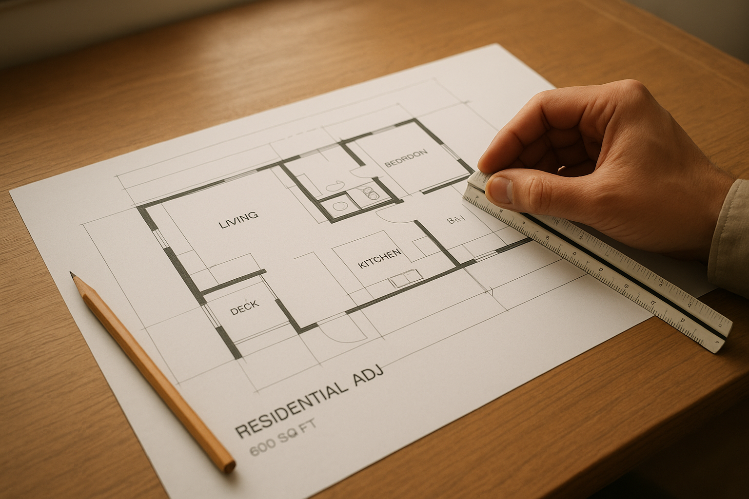 Architect reviewing a custom ADU floor plan design during the planning phase