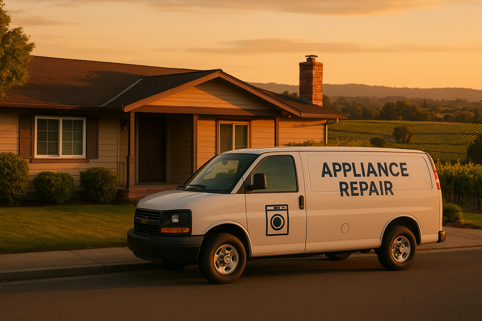 Local appliance repair van outside a Santa Rosa home offering affordable refrigerator repair