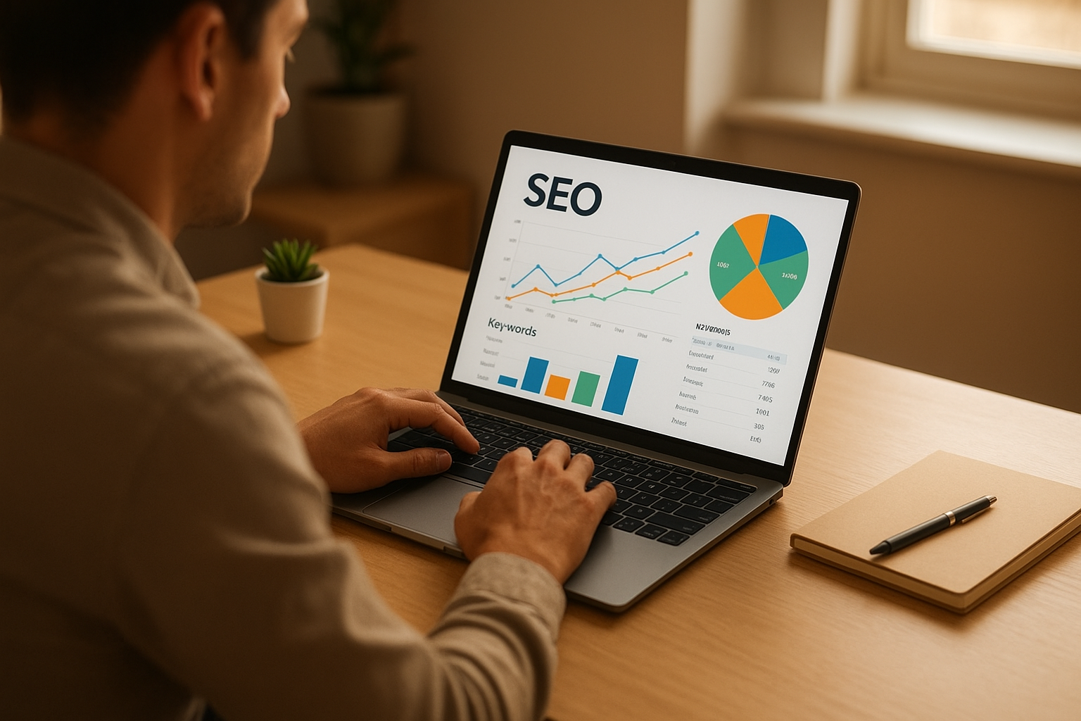Marketing professional using an SEO platform to research keywords and analyze competitor data