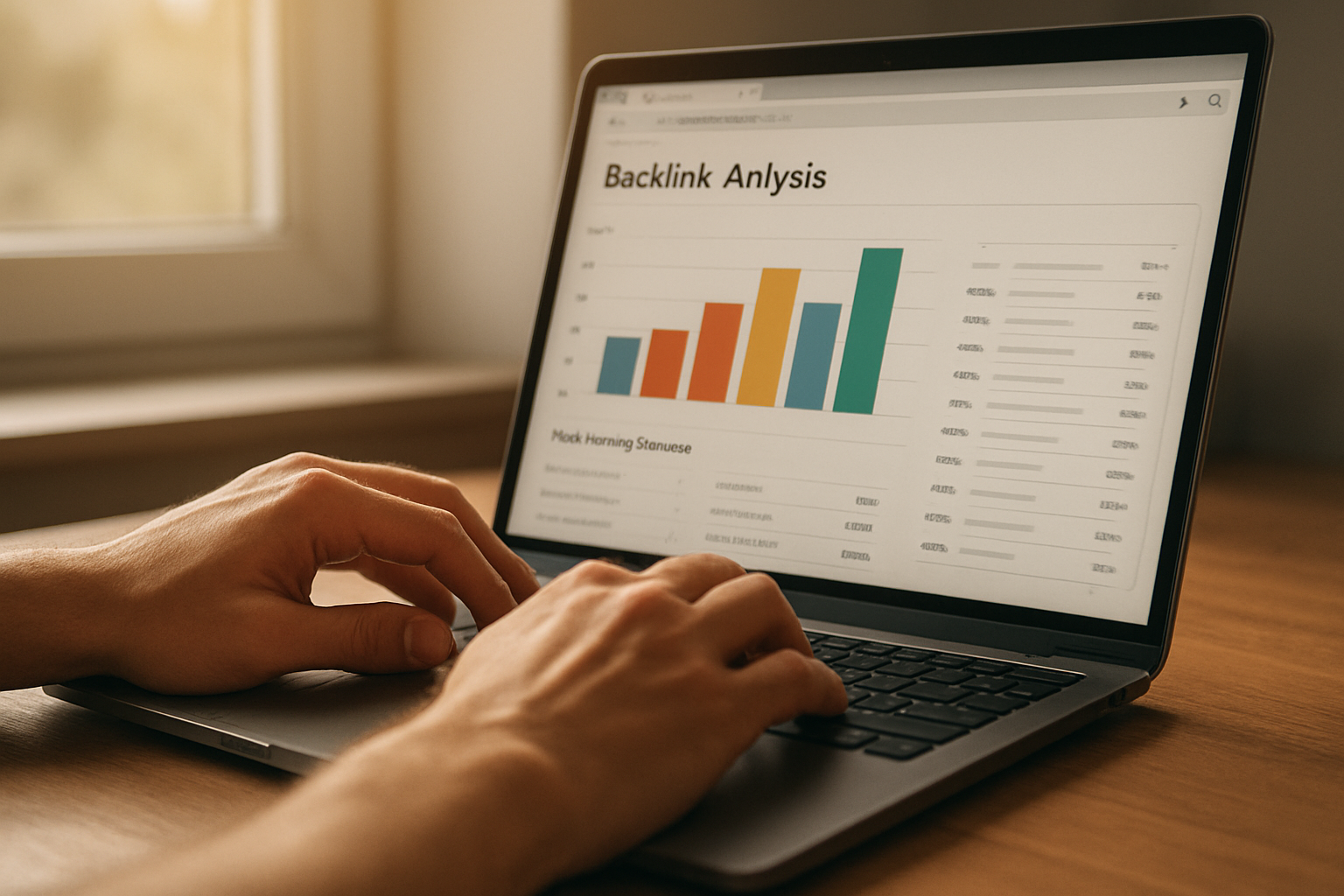 SEO professional running a backlink analysis report on a laptop with charts visible
