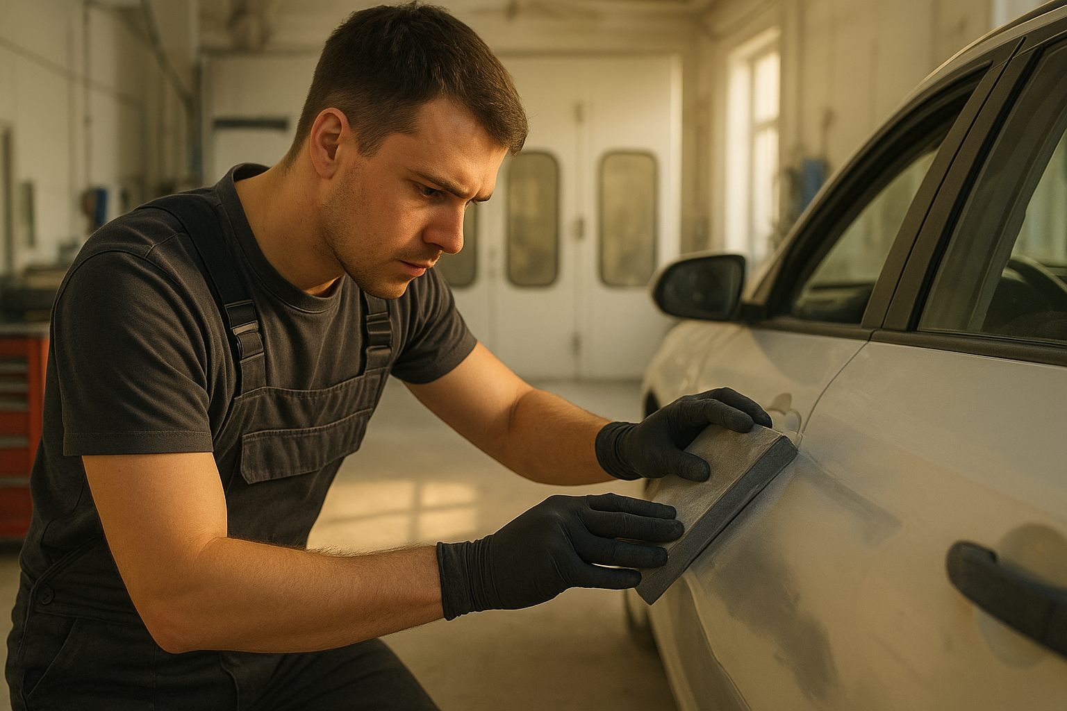 Auto body technicians Orange County shop repairing a damaged vehicle panel
