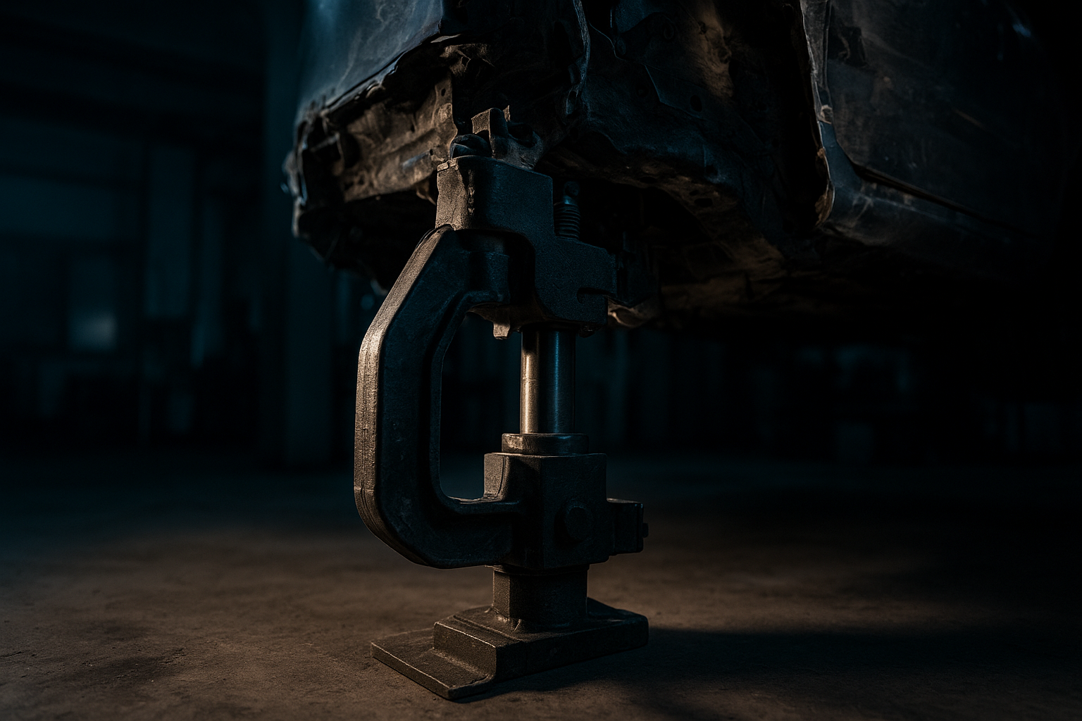 Hydraulic frame straightening equipment used for structural repair on a vehicle underbody