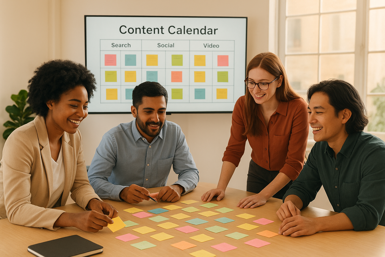 Marketing team mapping content across multiple search channels for a coordinated SEO plan