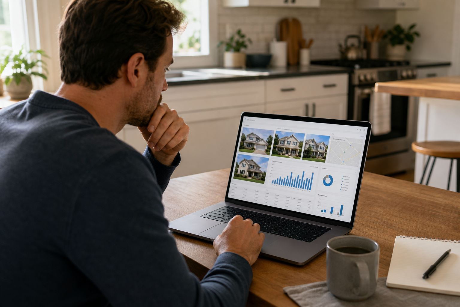 Investor reviewing rental property data on a laptop at home