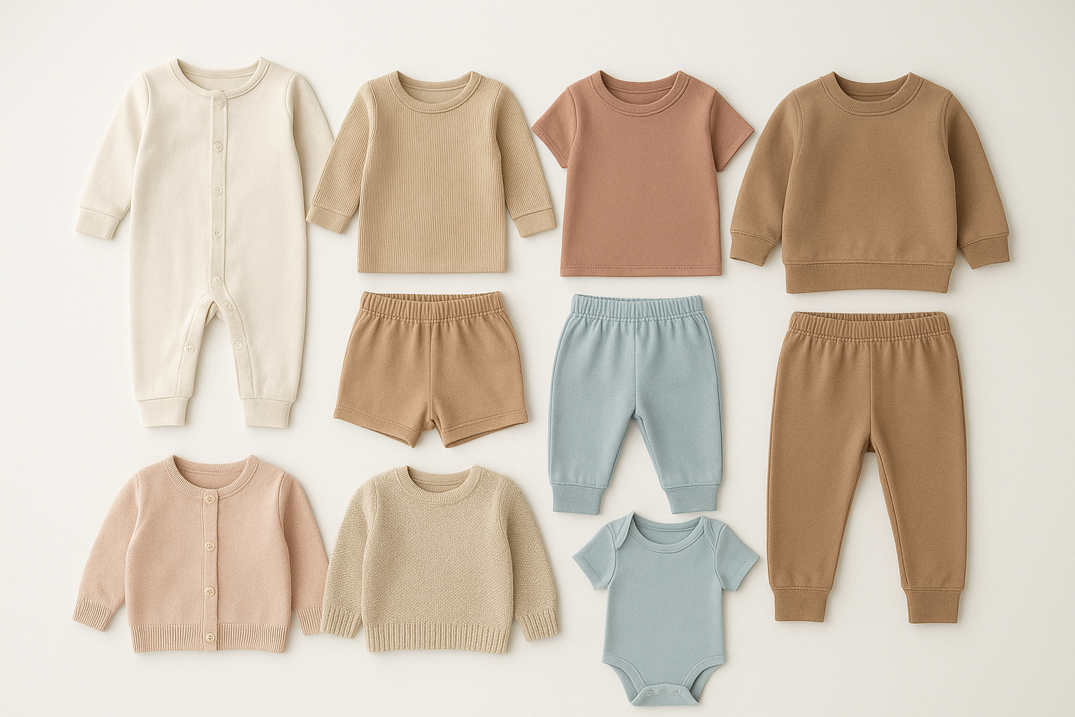 Organized children's clothing items in multiple sizes representing a convenient kids clothing service wardrobe