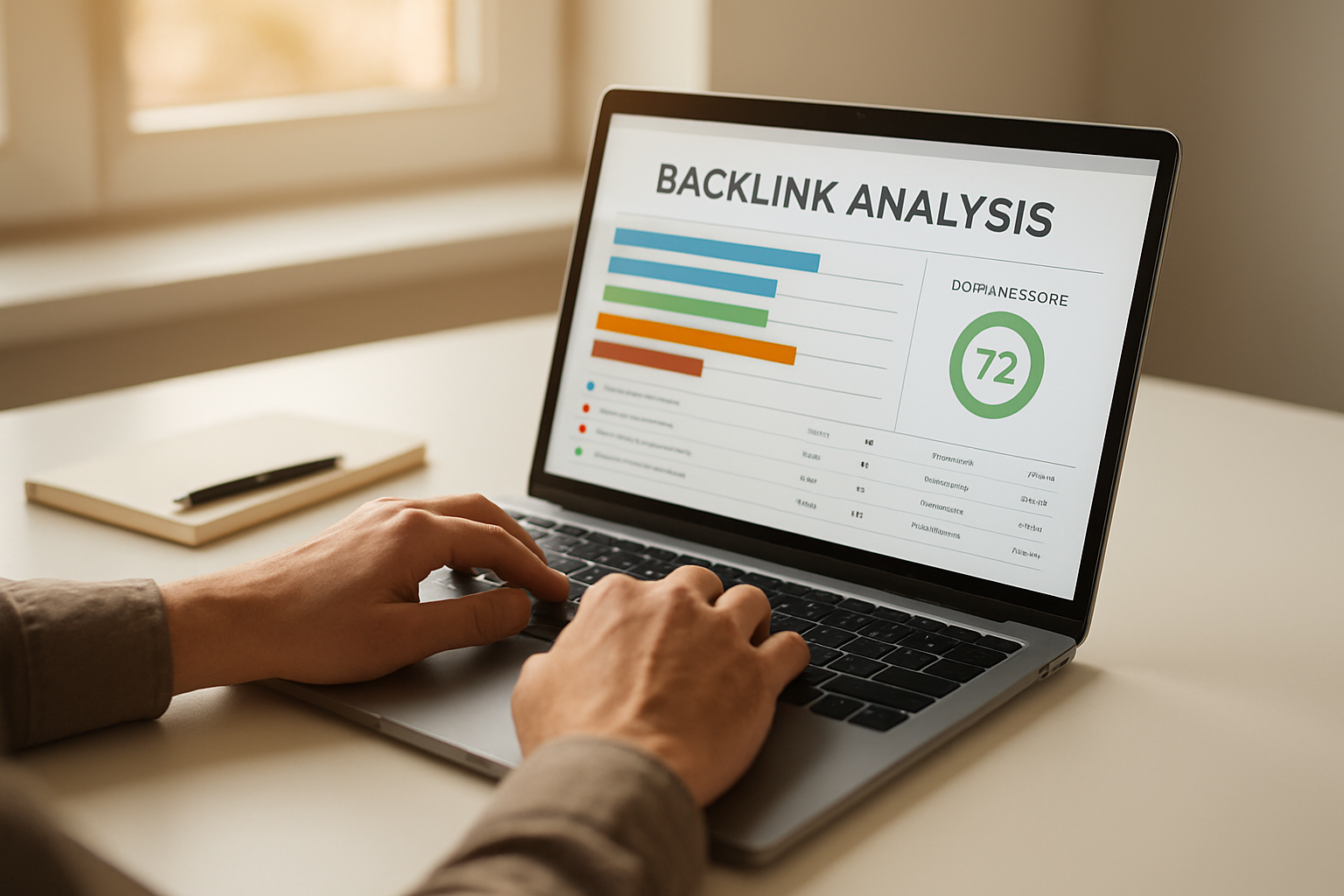 SEO professional checking domain authority backlink data on a laptop