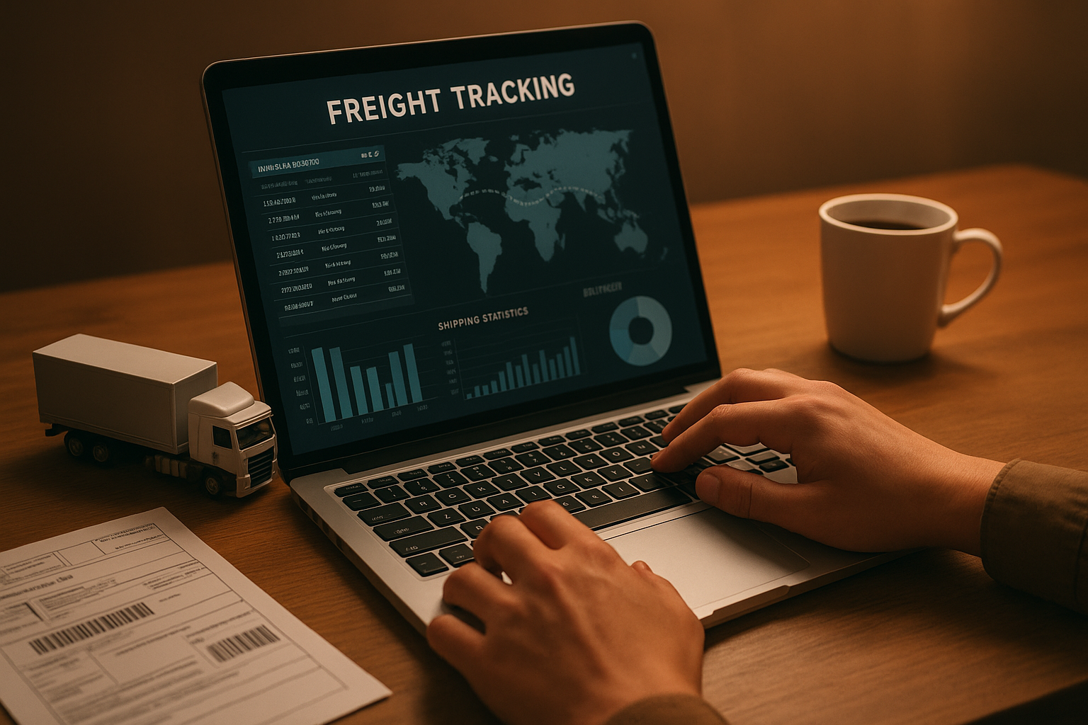 Logistics coordinator reviewing a freight tracking dashboard on a laptop at a desk