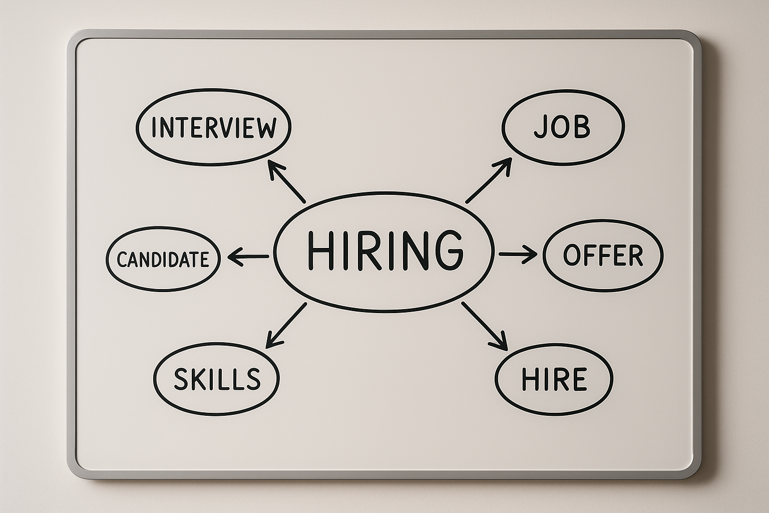 Whiteboard diagram connecting related hiring and recruiting terminology