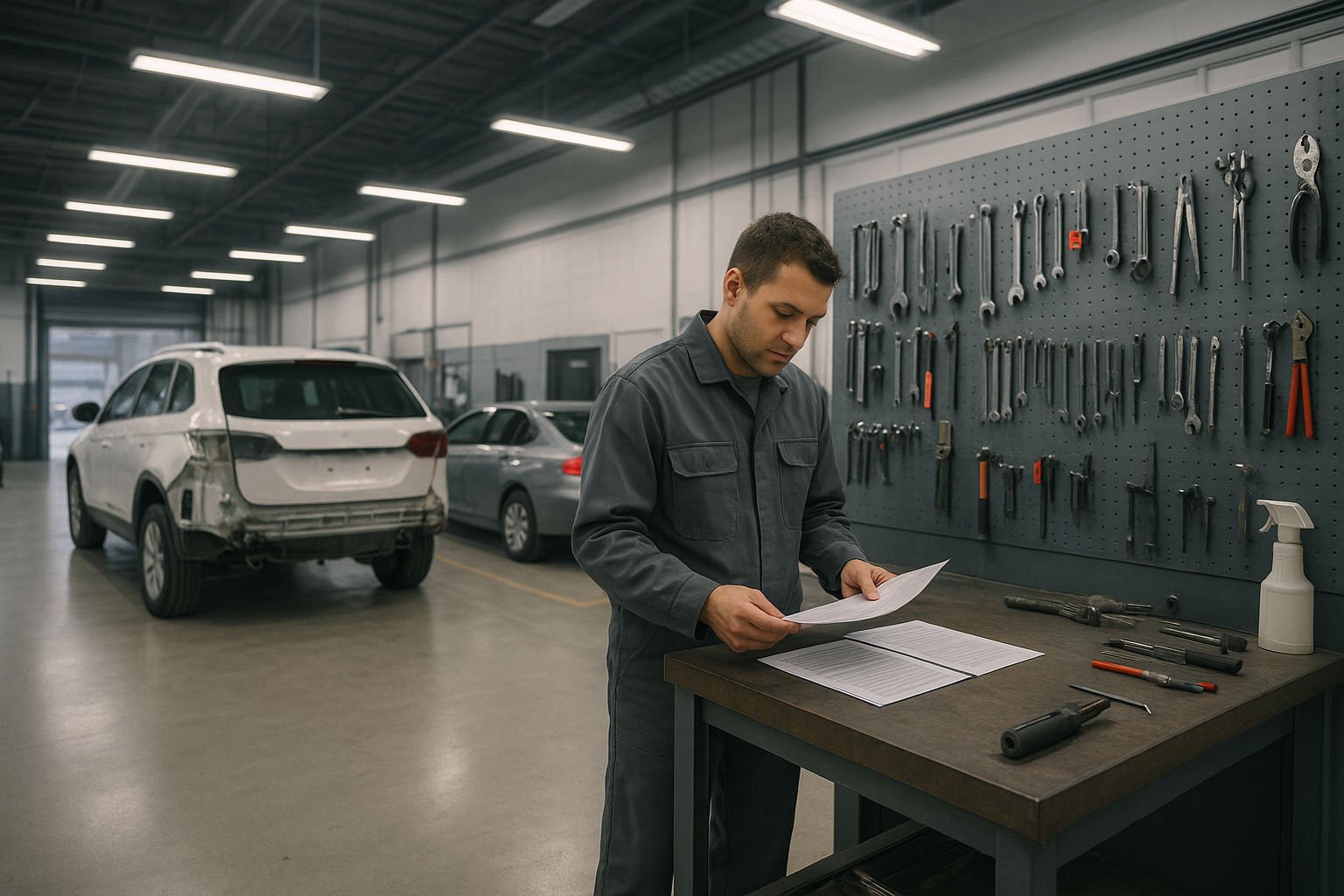 Auto body technician reviewing body shop pay plan documents at a workbench in a professional collision repair facility
