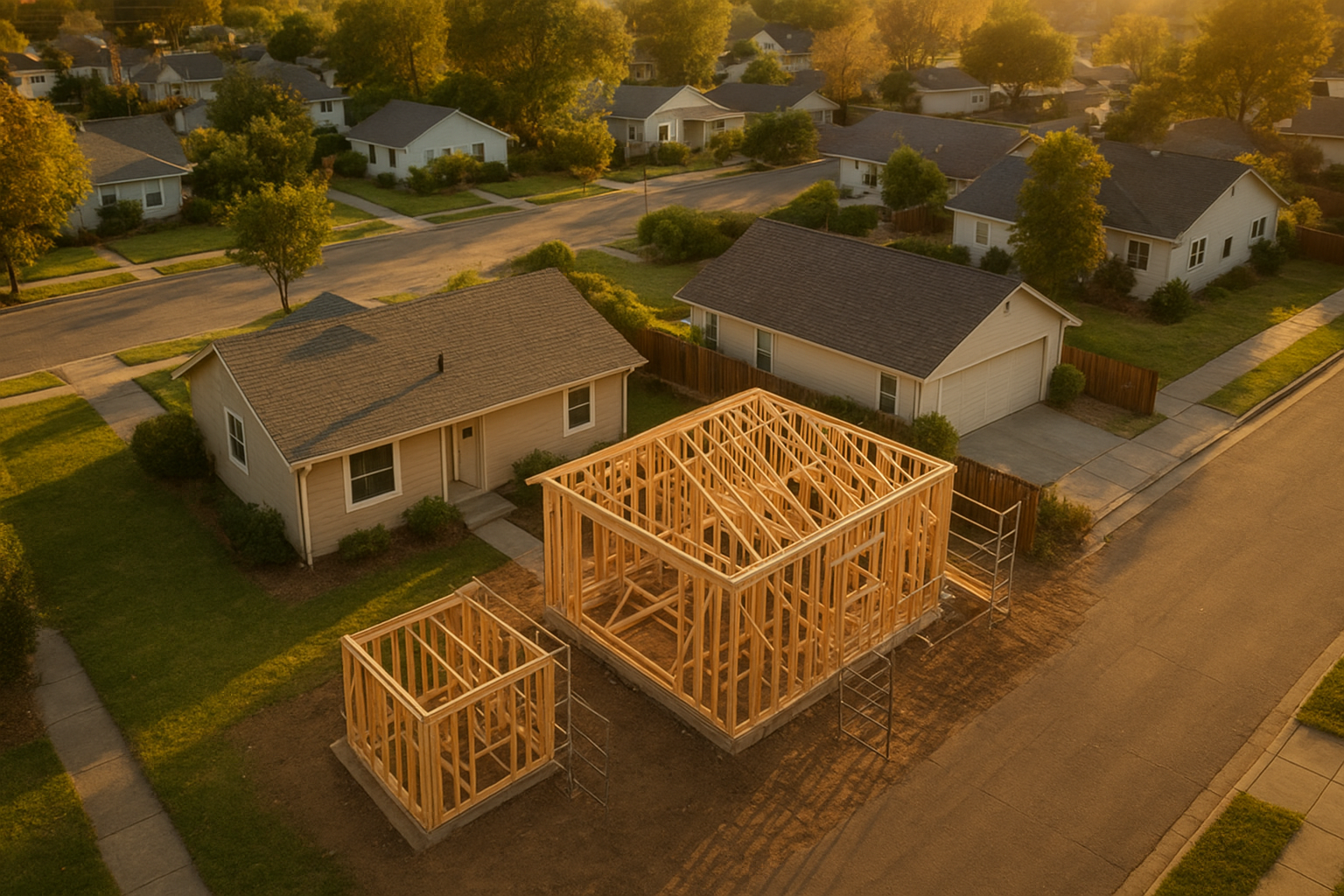 Aerial view of a backyard ADU cottage under construction in a residential neighborhood