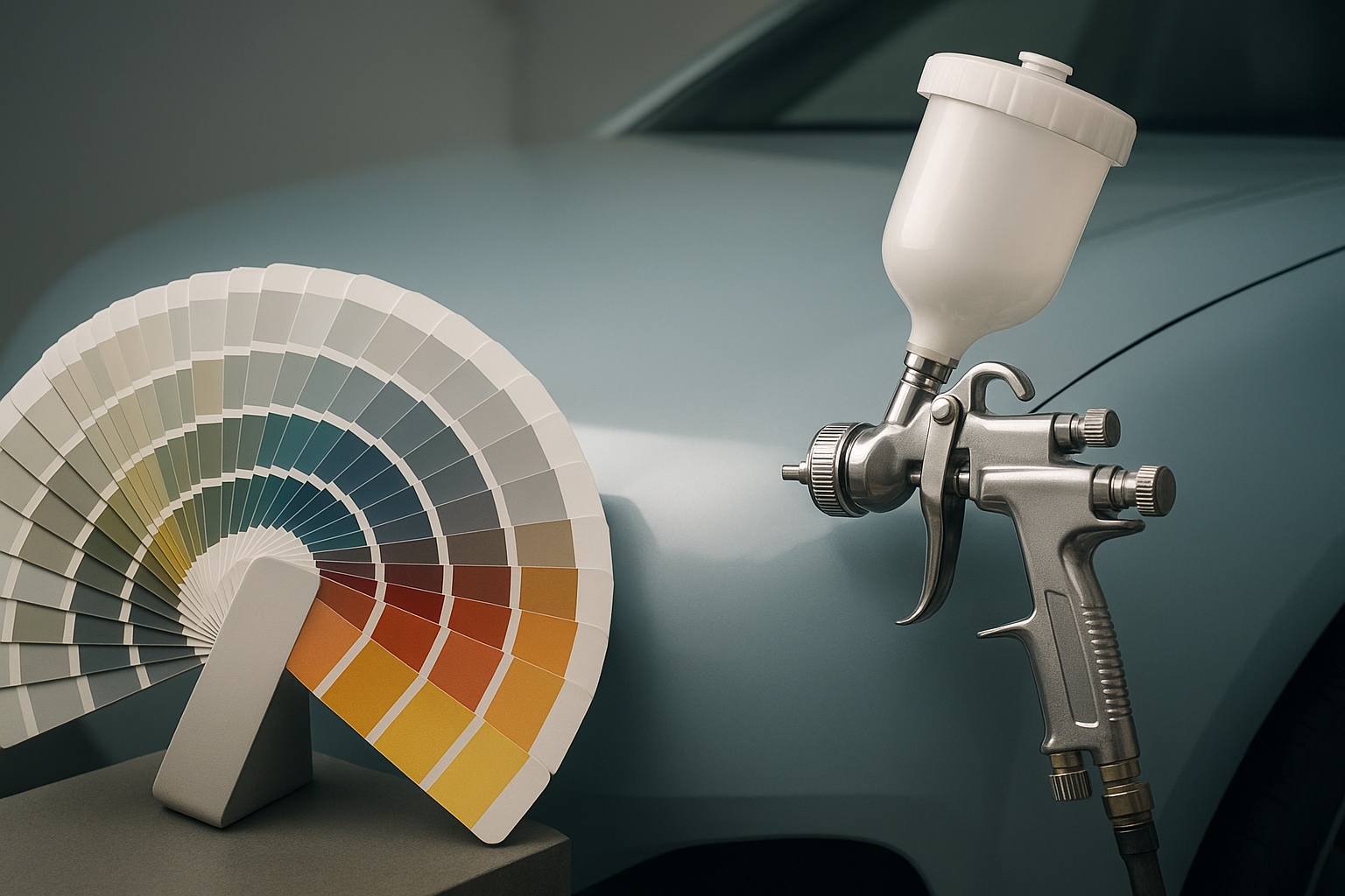 Paint matching station used during commercial vehicle body repair for fleet clients