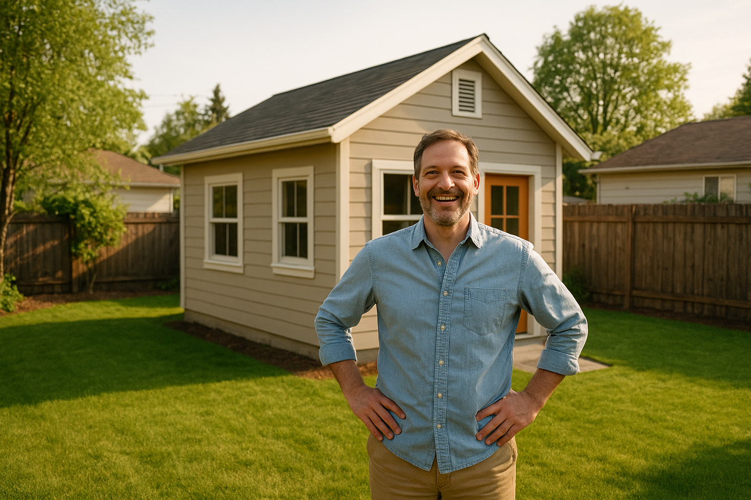 Homeowner standing in front of a completed accessory dwelling unit funded by grants
