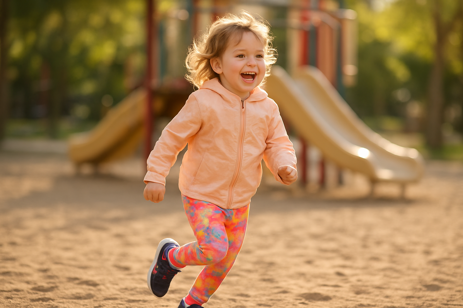 Child wearing activewear rental for kids clothing while running outdoors