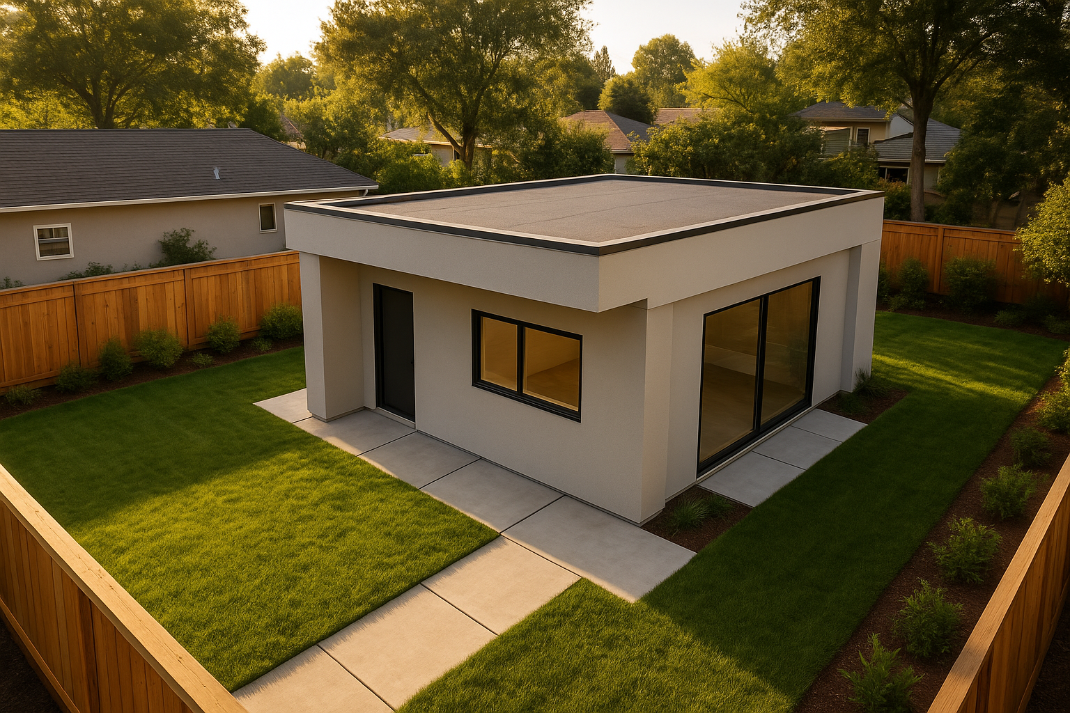 Detached additional dwelling unit in a suburban backyard showing completed construction