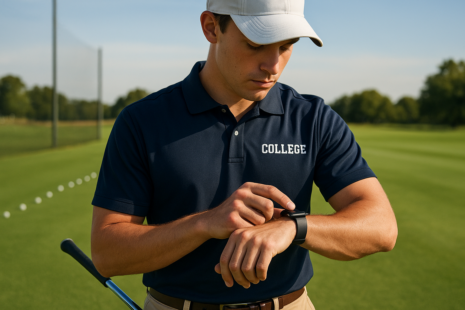 Competitive golfer checking swing data on a wearable tracker during practice