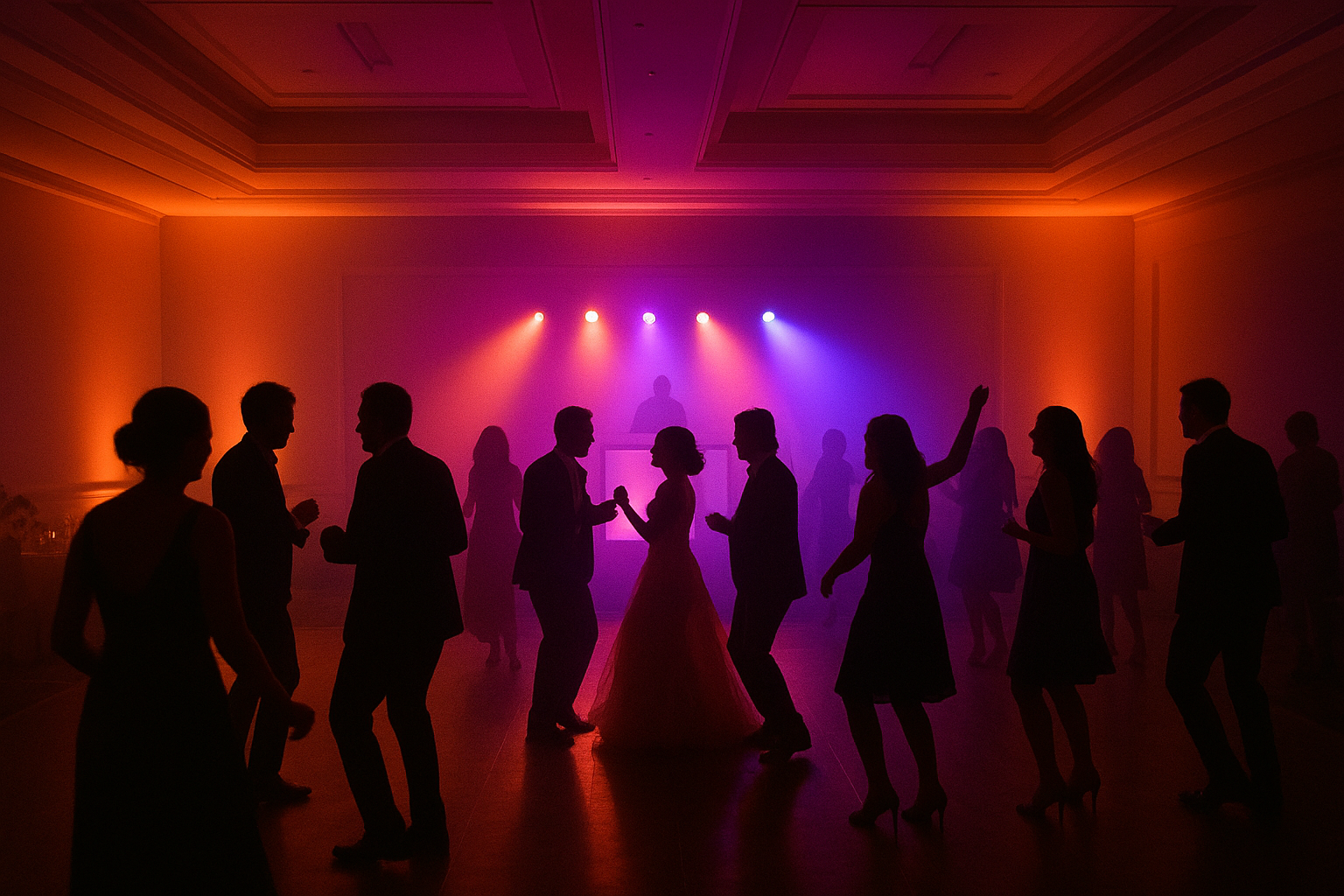 Wedding reception lit with rented AV lighting equipment and a DJ booth in the background