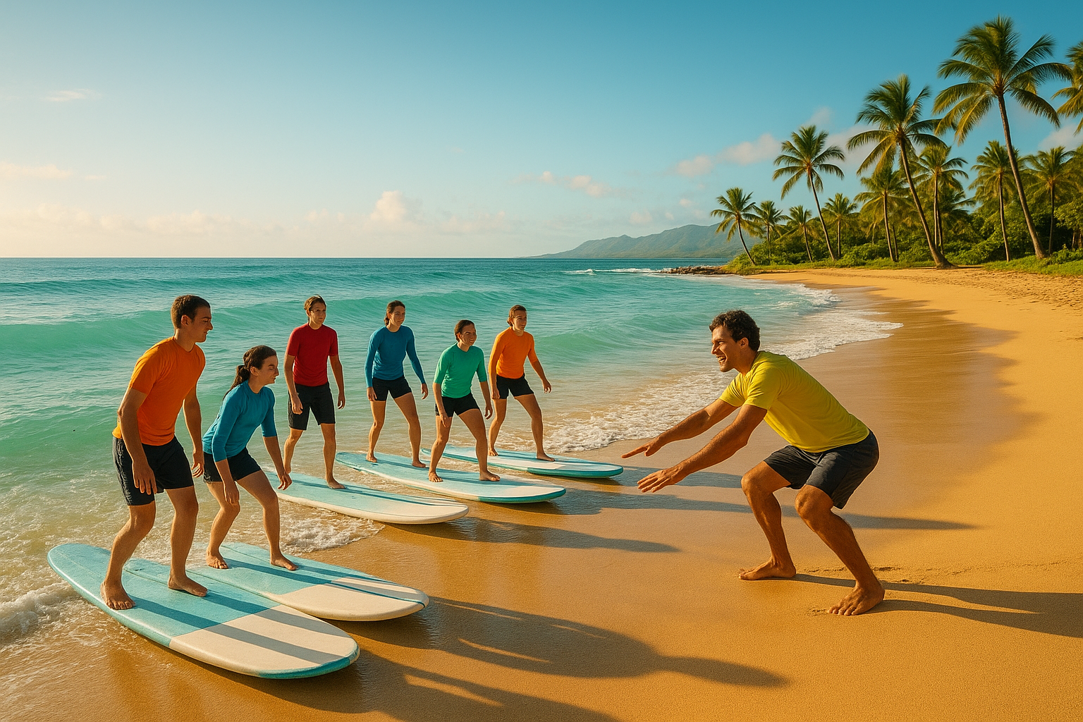 Beginner surf lessons in Hawaii with instructor demonstrating stance on Waikiki beach