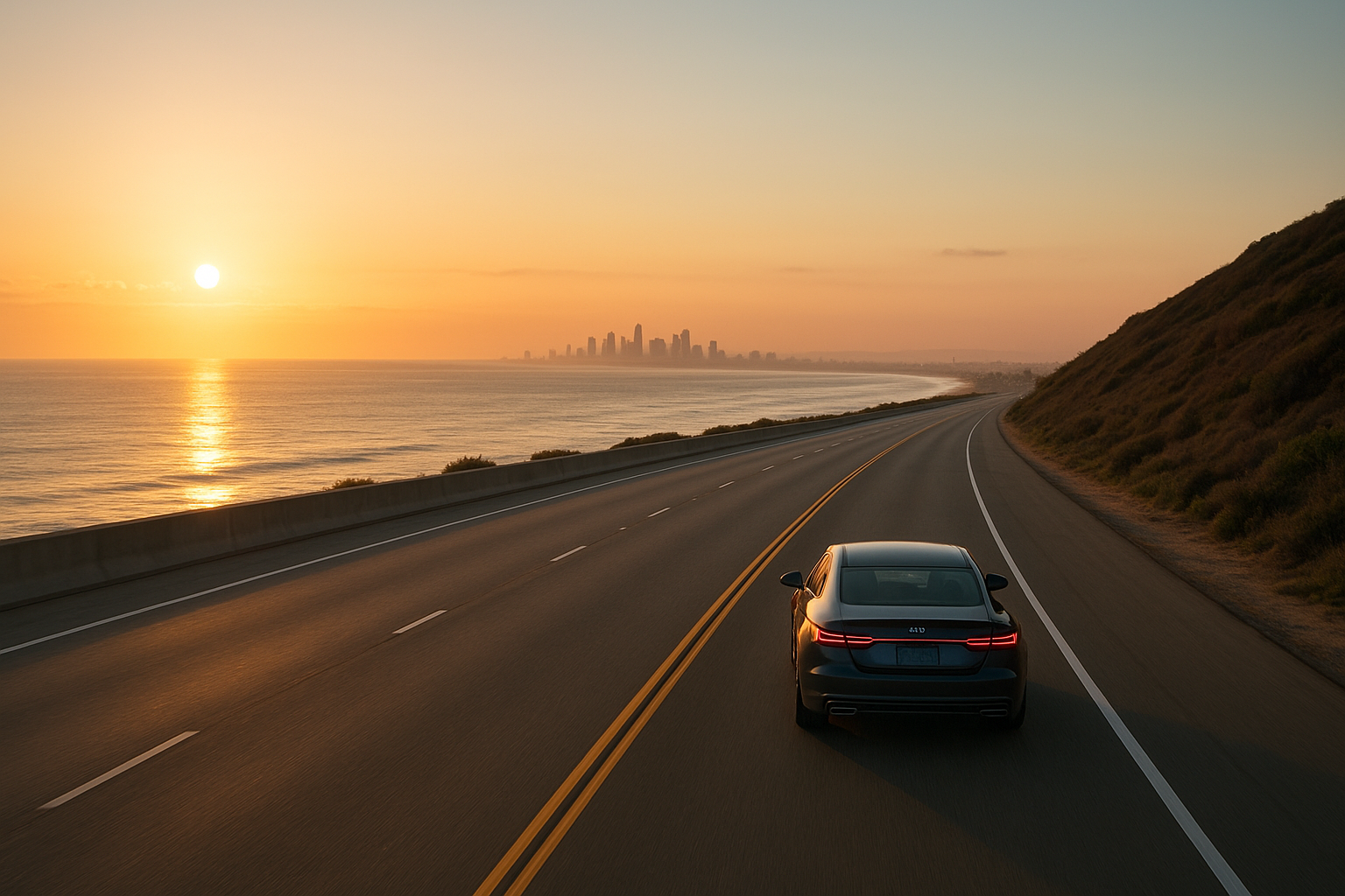 Luxury sedan traveling along the coastal highway during an early morning airport transfer