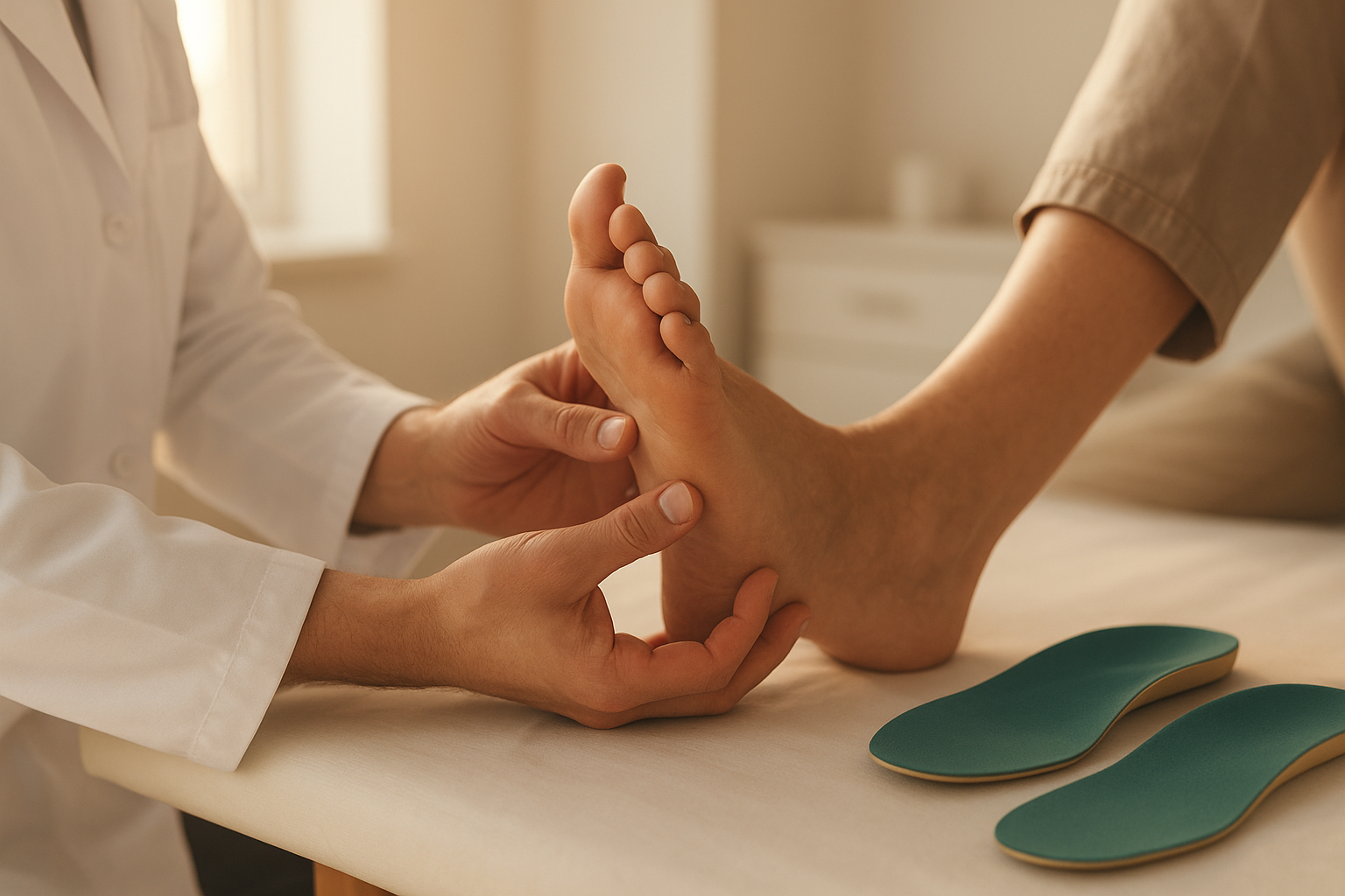 Podiatrist examining a diabetic patient's foot before fitting custom diabetic foot orthotics