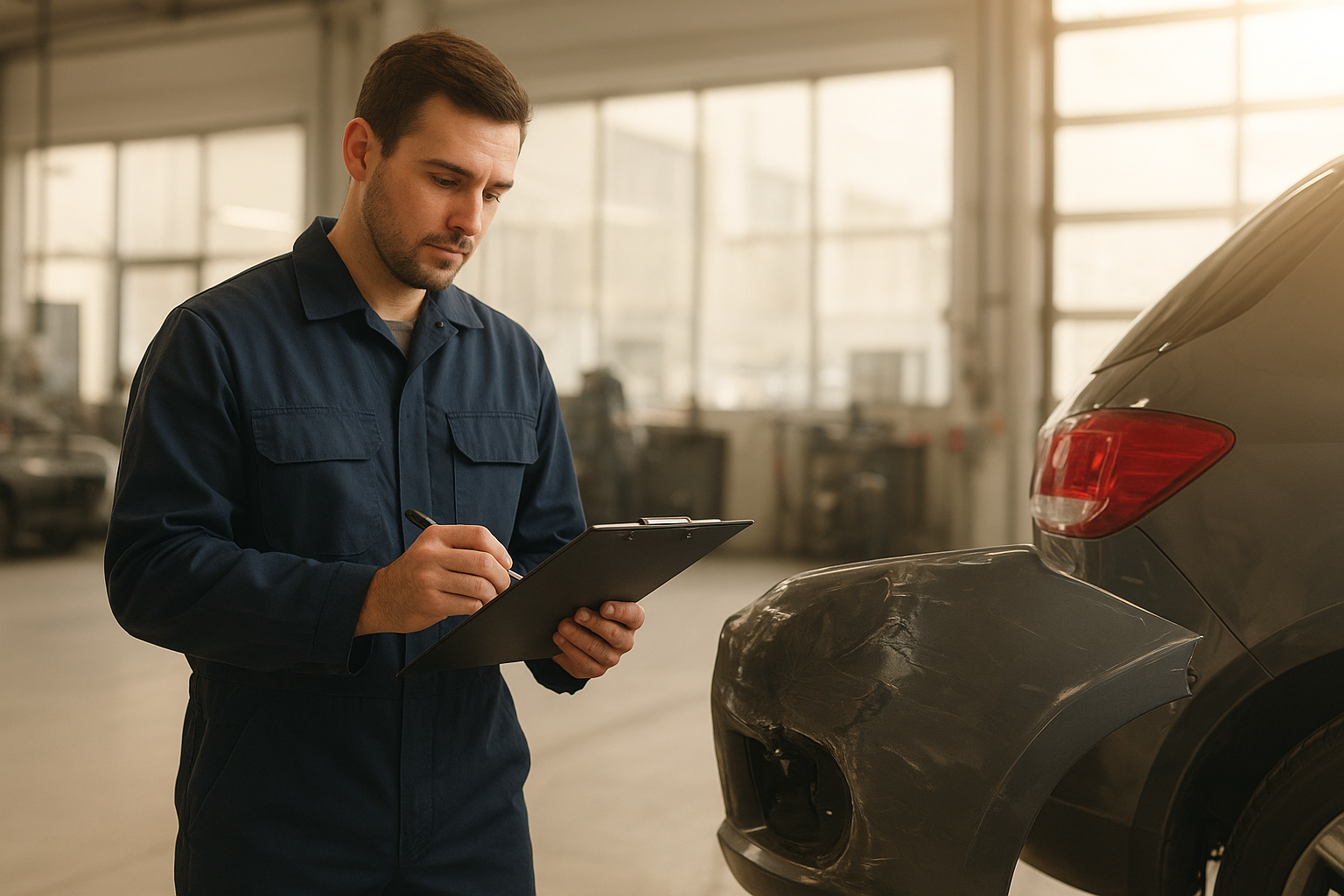 Technician reviewing Brea auto body estimates for a damaged car bumper