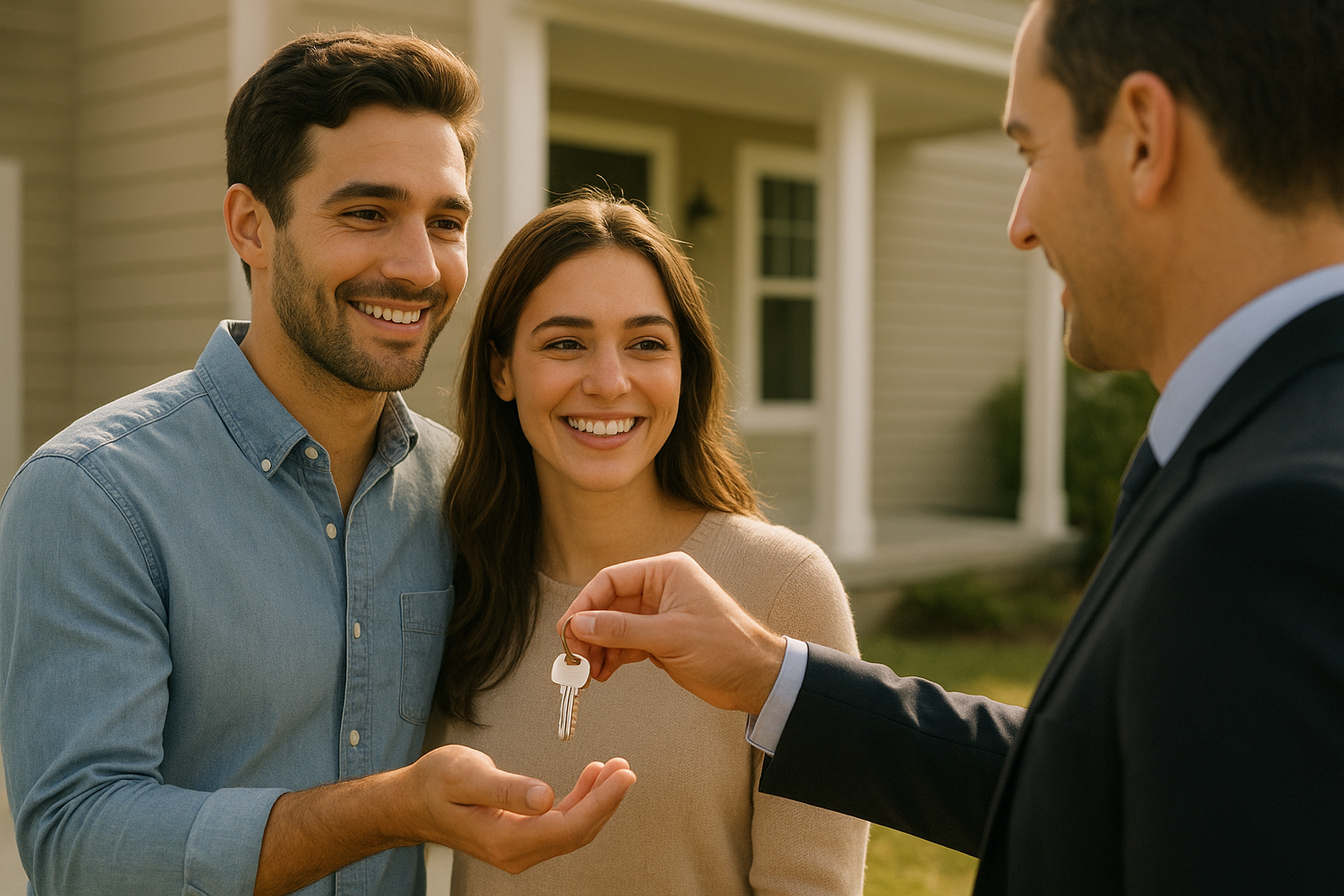 Real estate agent handing house keys to buyers after navigating the local housing market
