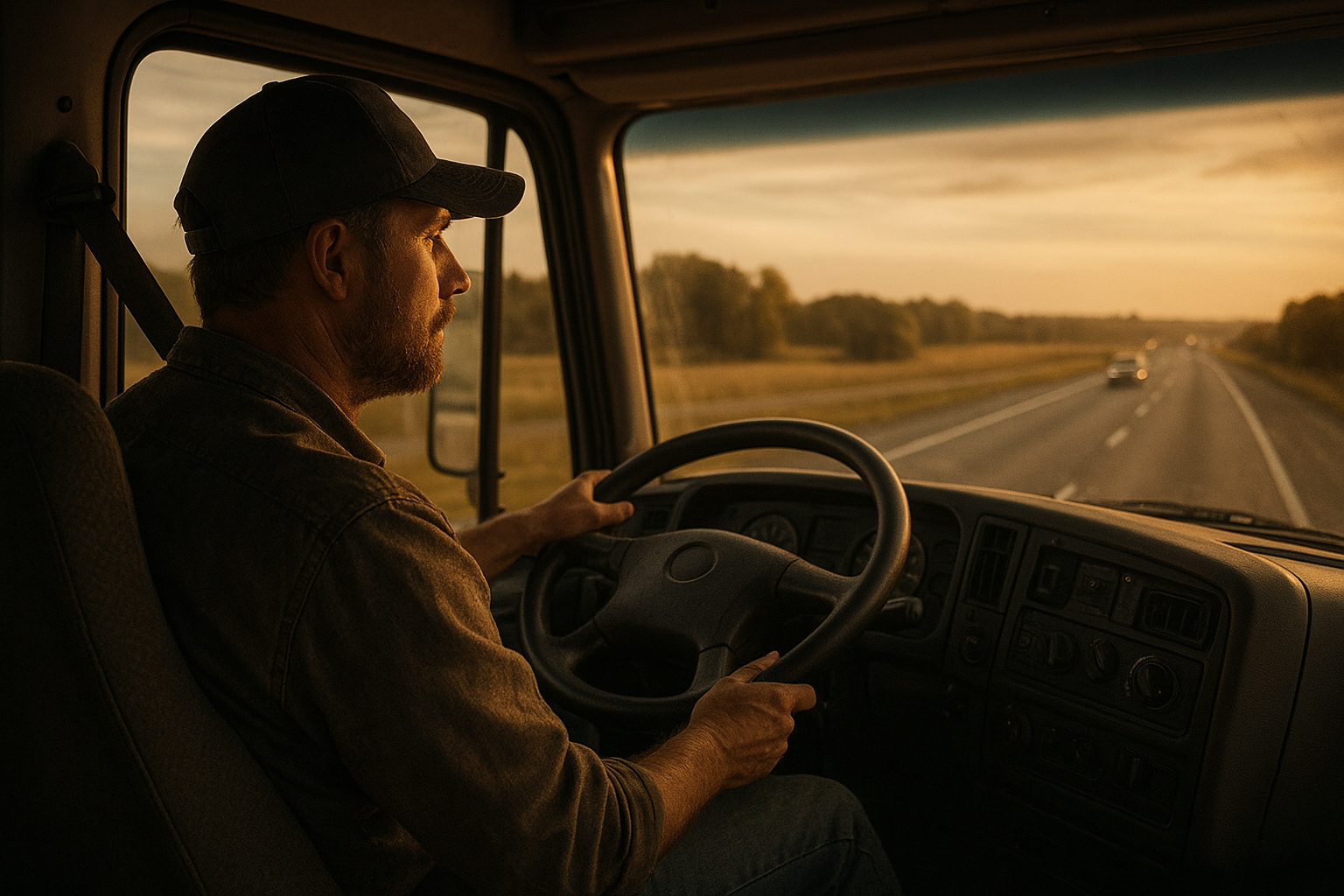 Long-haul truck driver behind the wheel during a cross-country freight route