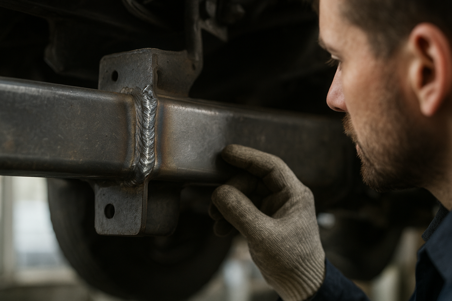 Close-up of welded frame rail after structural collision repair