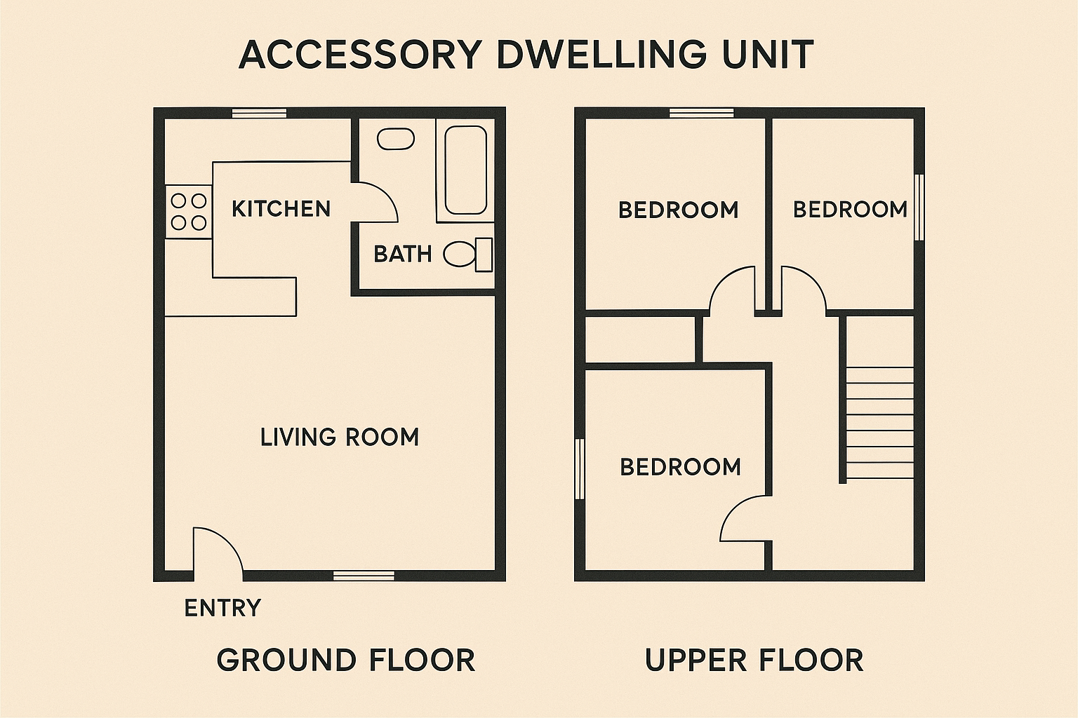 Floor plan diagram of a two-story ADU showing ground floor living areas and upper floor bedrooms