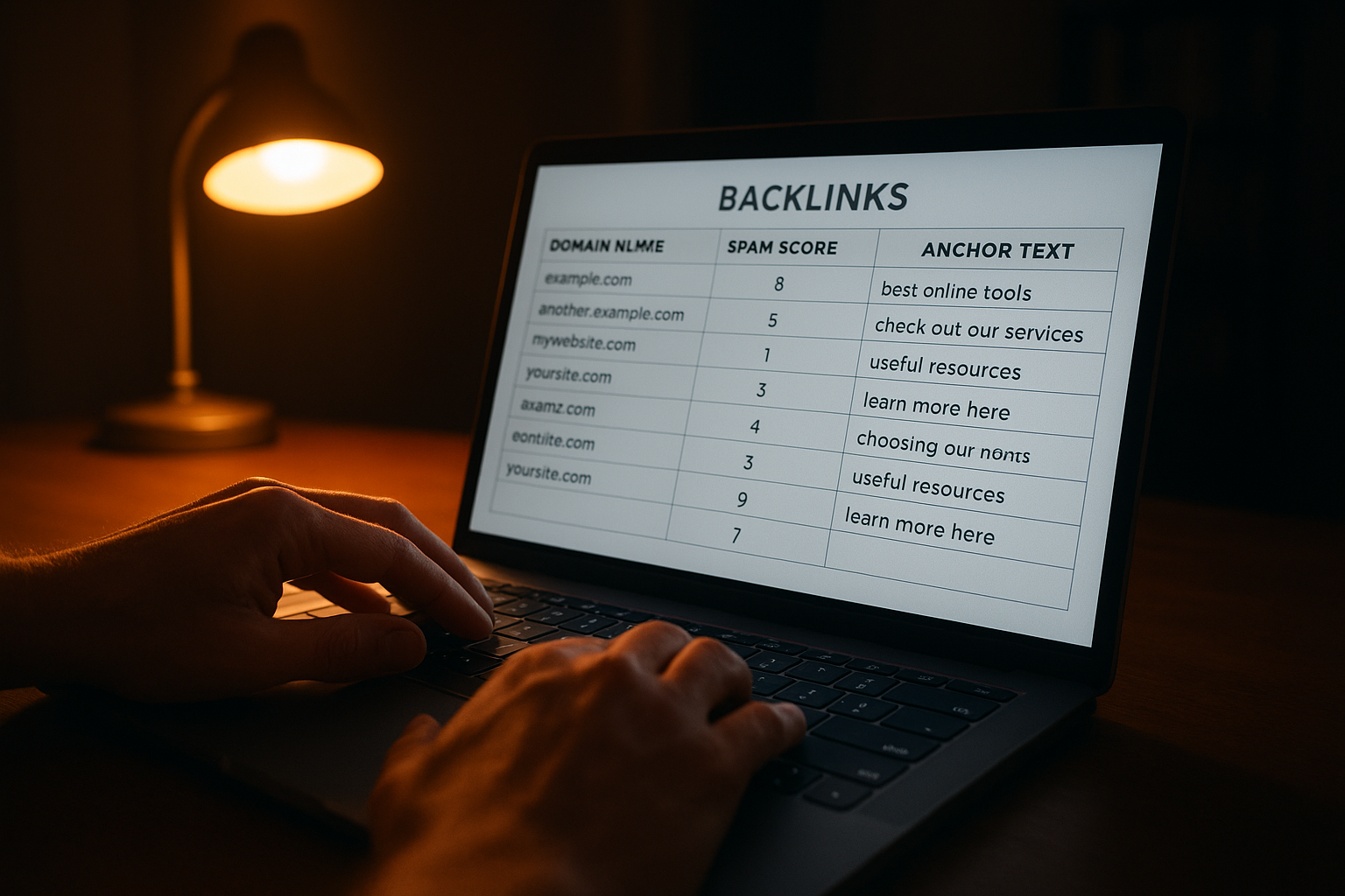 Person reviewing exported backlink scan data in a spreadsheet to identify toxic links