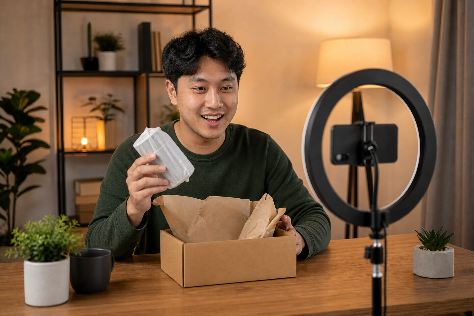 Content creator filming a sponsored product unboxing video for a brand campaign