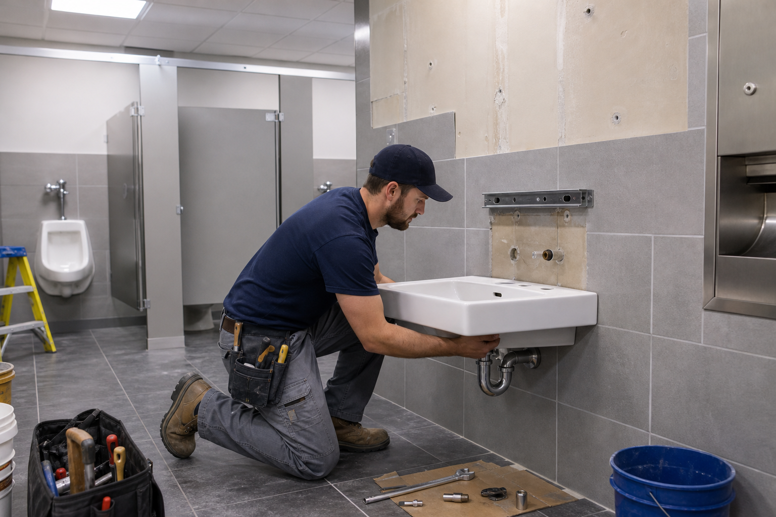Plumber installing commercial restroom fixtures in an office building renovation