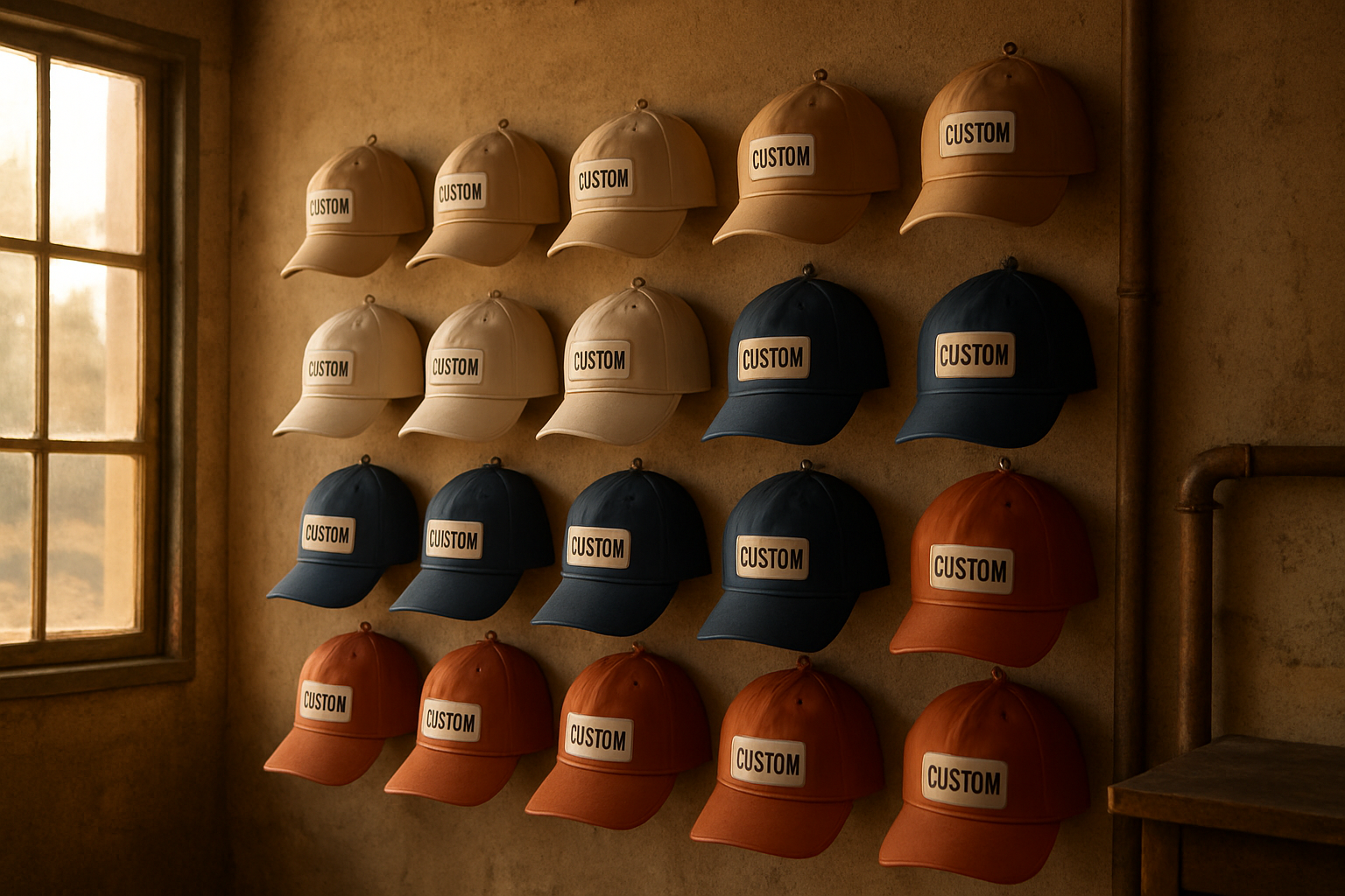 Rows of finished custom printed hats displayed and ready for a bulk apparel order