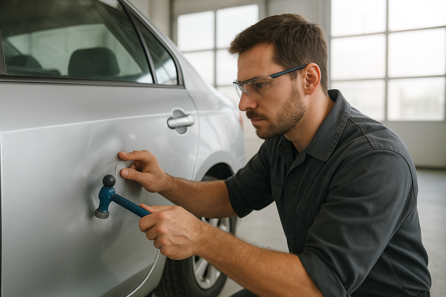 Certified technician performing Brea auto body work on a damaged vehicle panel