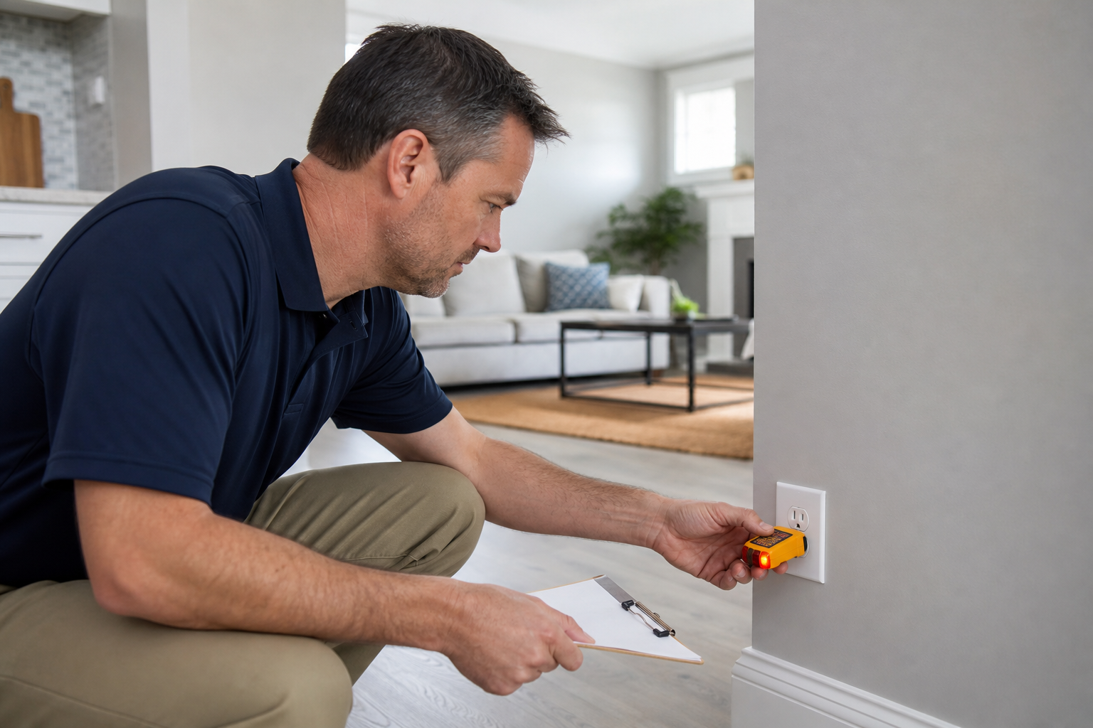 Home inspector testing a wall outlet with a handheld tester device
