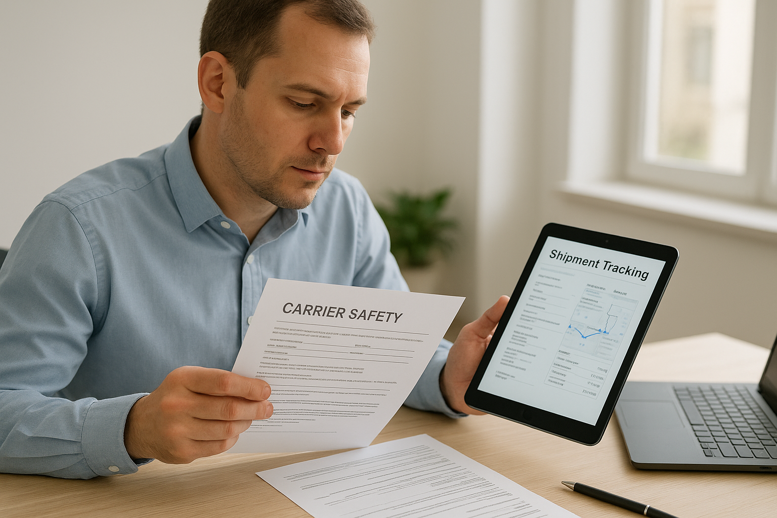 Freight broker reviewing carrier vetting documents for shipping services compliance