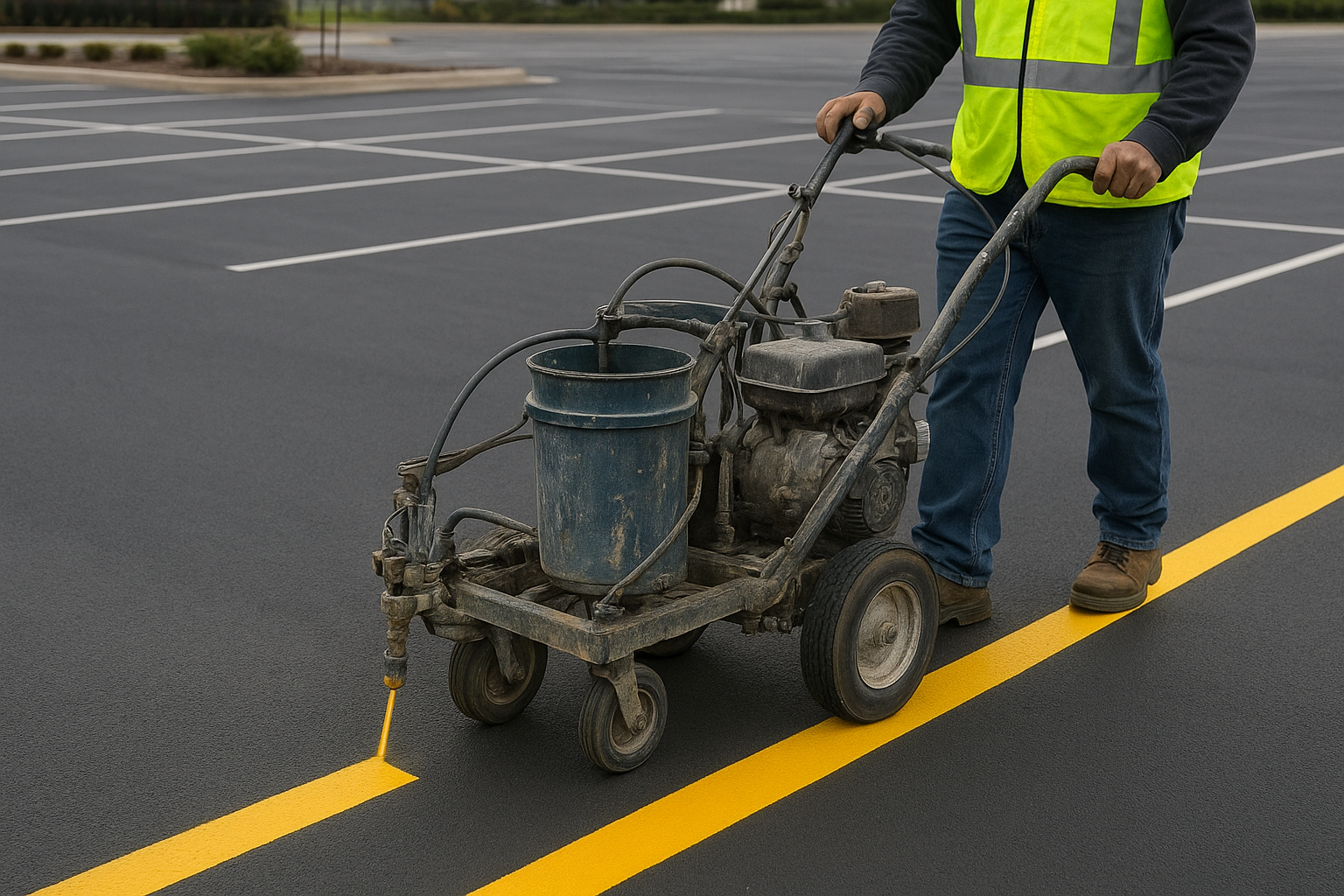 Line striping machine painting parking lot markings on fresh asphalt