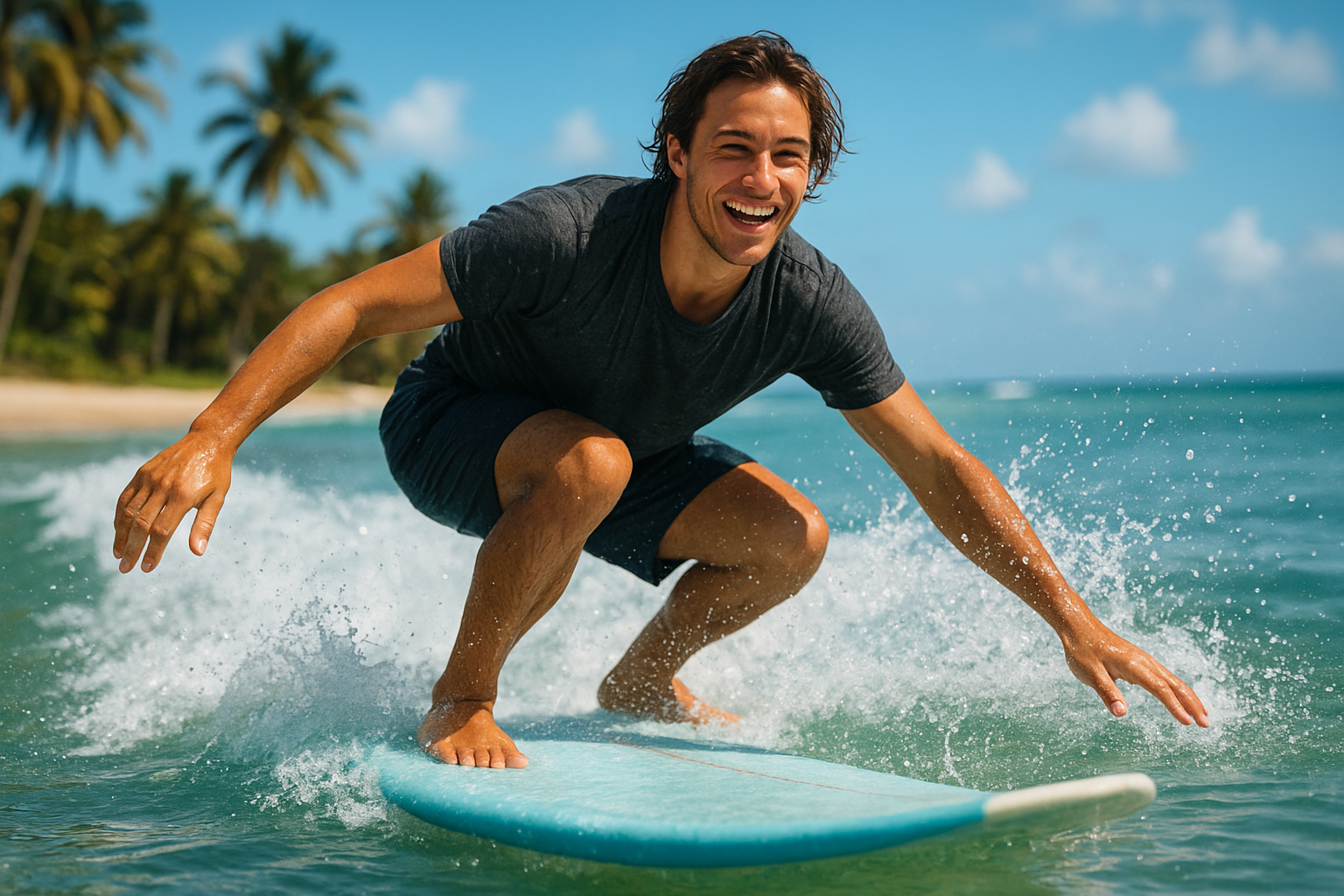 Smiling beginner surfer riding a small wave during an Oahu lesson
