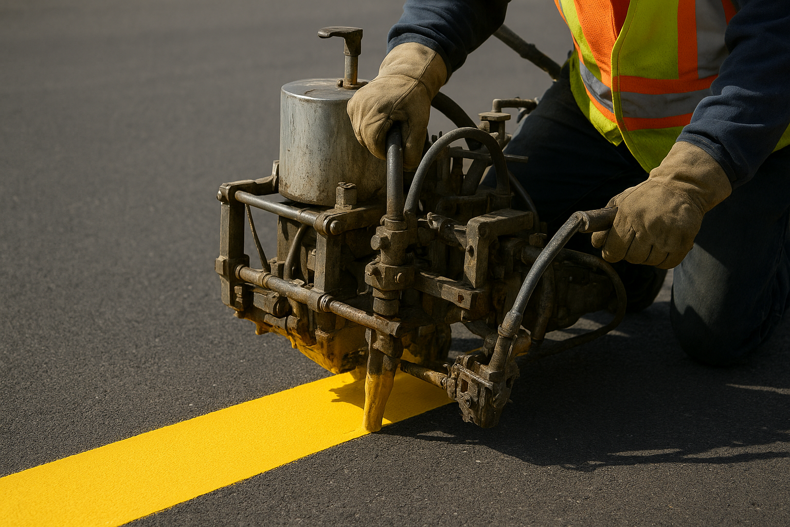 Worker applying long-lasting thermoplastic line striping to asphalt surface