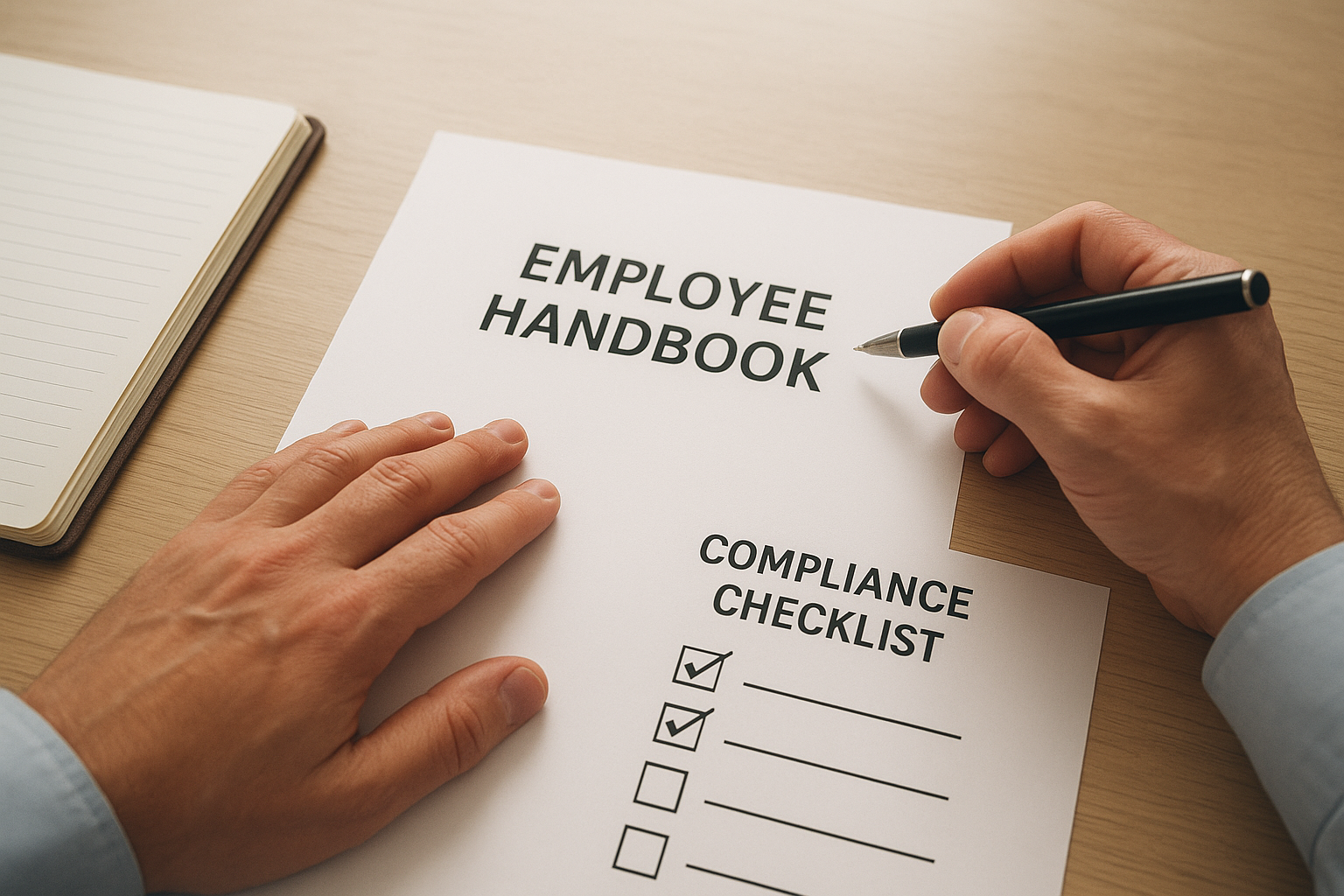 HR professional reviewing compliance documents and an employee handbook
