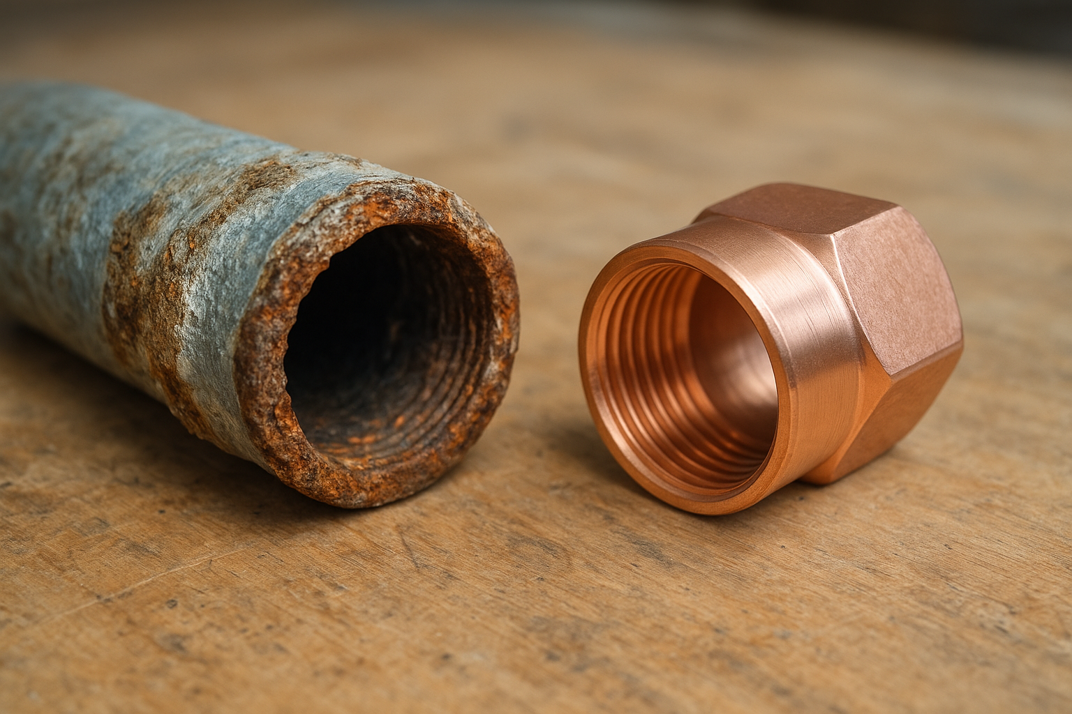 F56950f4_corroded-pipe-vs-new-copper Corroded galvanized pipe compared to new copper fitting before a Terrell residential repipe
