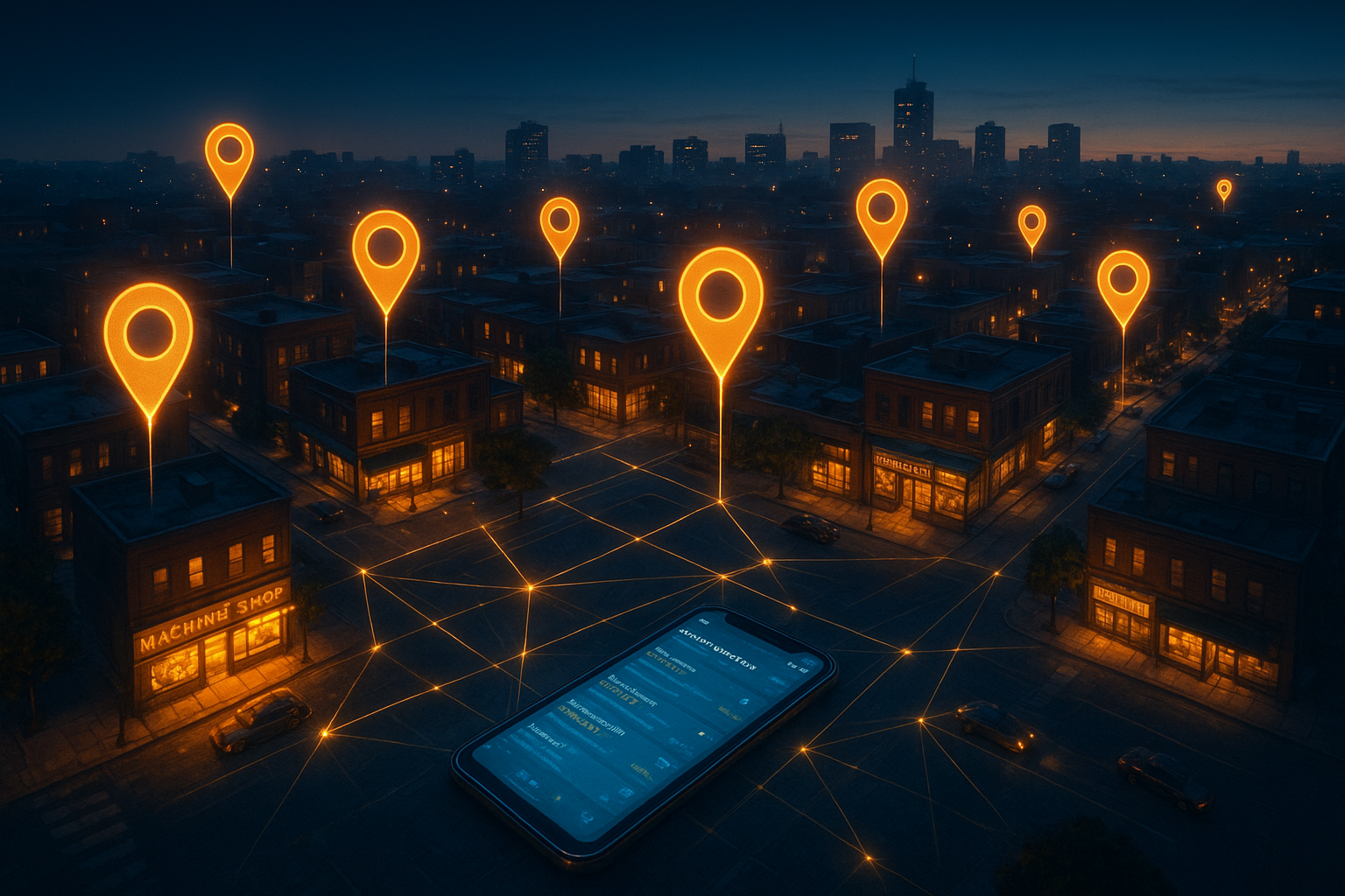 Illustrated city map showing local search AI visibility signals connecting businesses to mobile search results