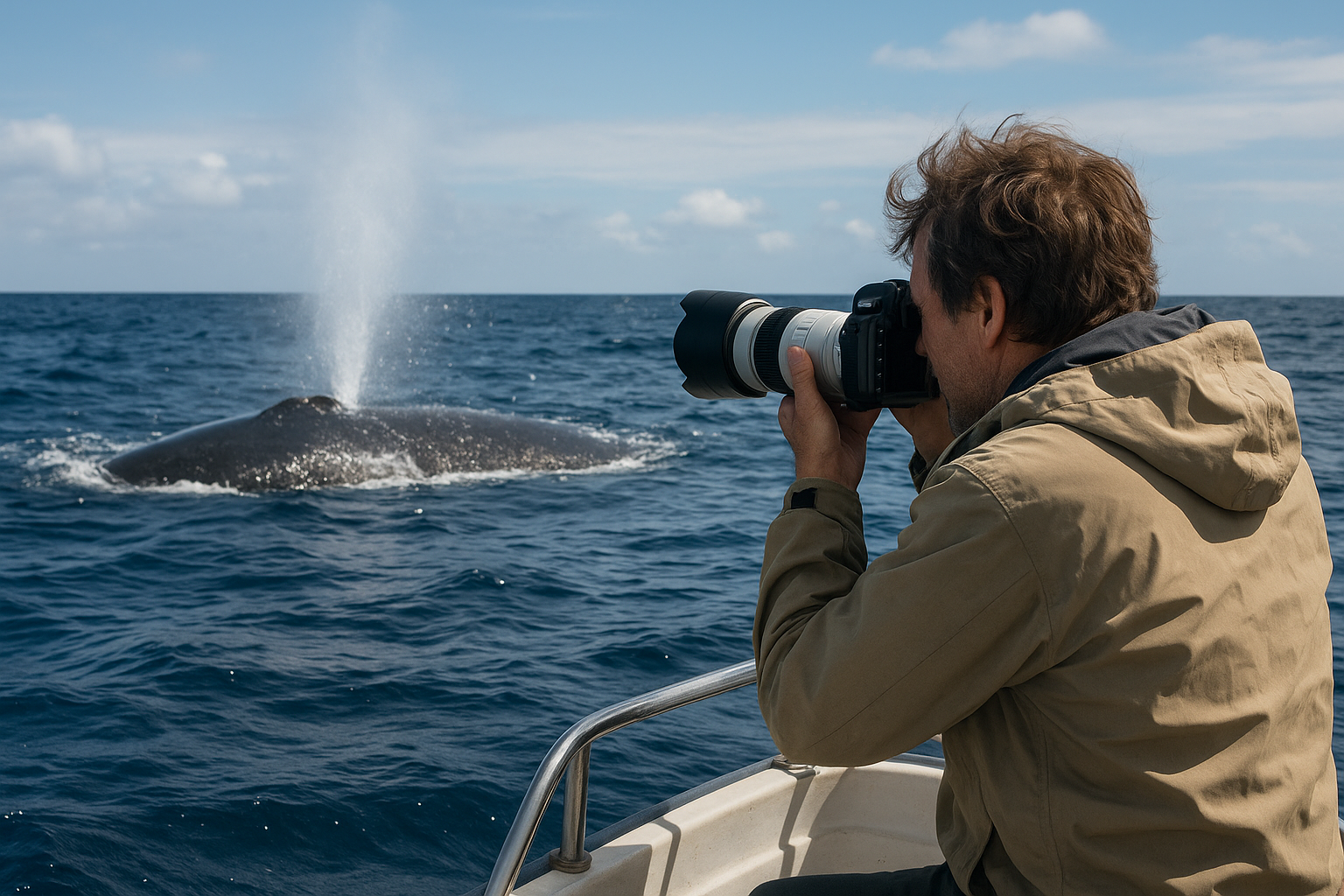 Photographer aboard a small-group whale watching boat capturing a gray whale surfacing in San Diego coastal waters