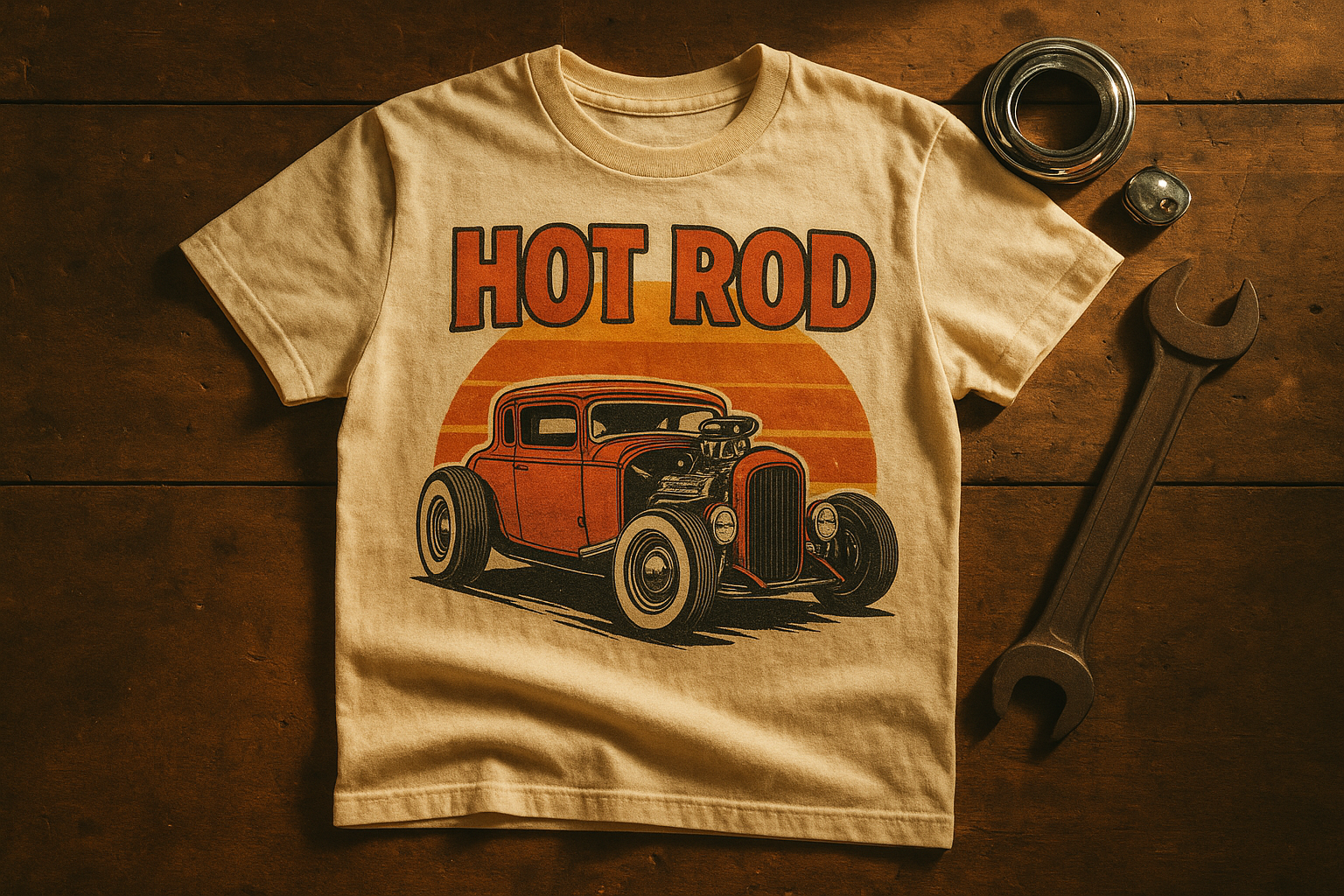 Hot rod apparel t-shirt with vintage car graphic laid on a garage workbench