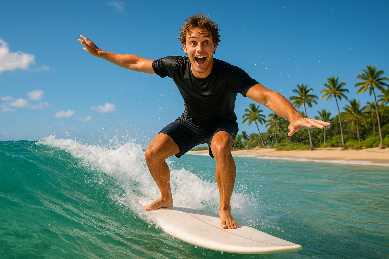 First-time surfer standing on a foam board while riding a small wave during a Hawaii surf lesson