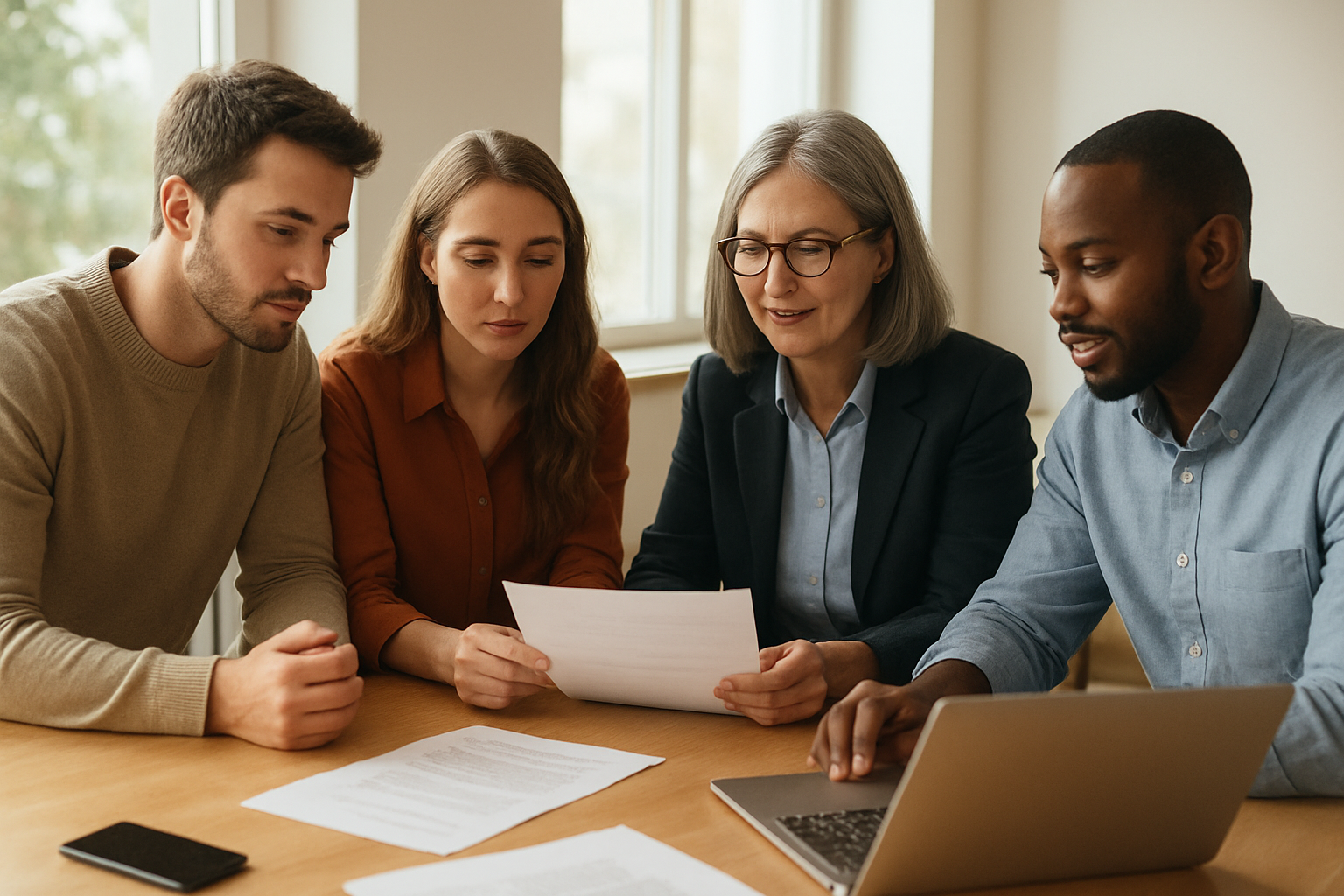 Small business team reviewing administrative outsourcing services documents with an HR consultant