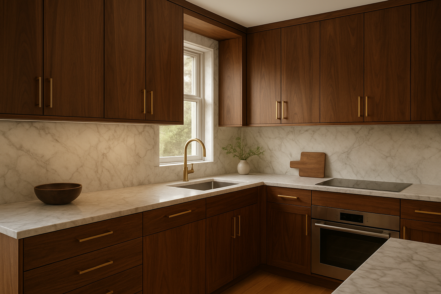 High-end cabinet refacing with rich walnut veneer doors and brushed brass hardware
