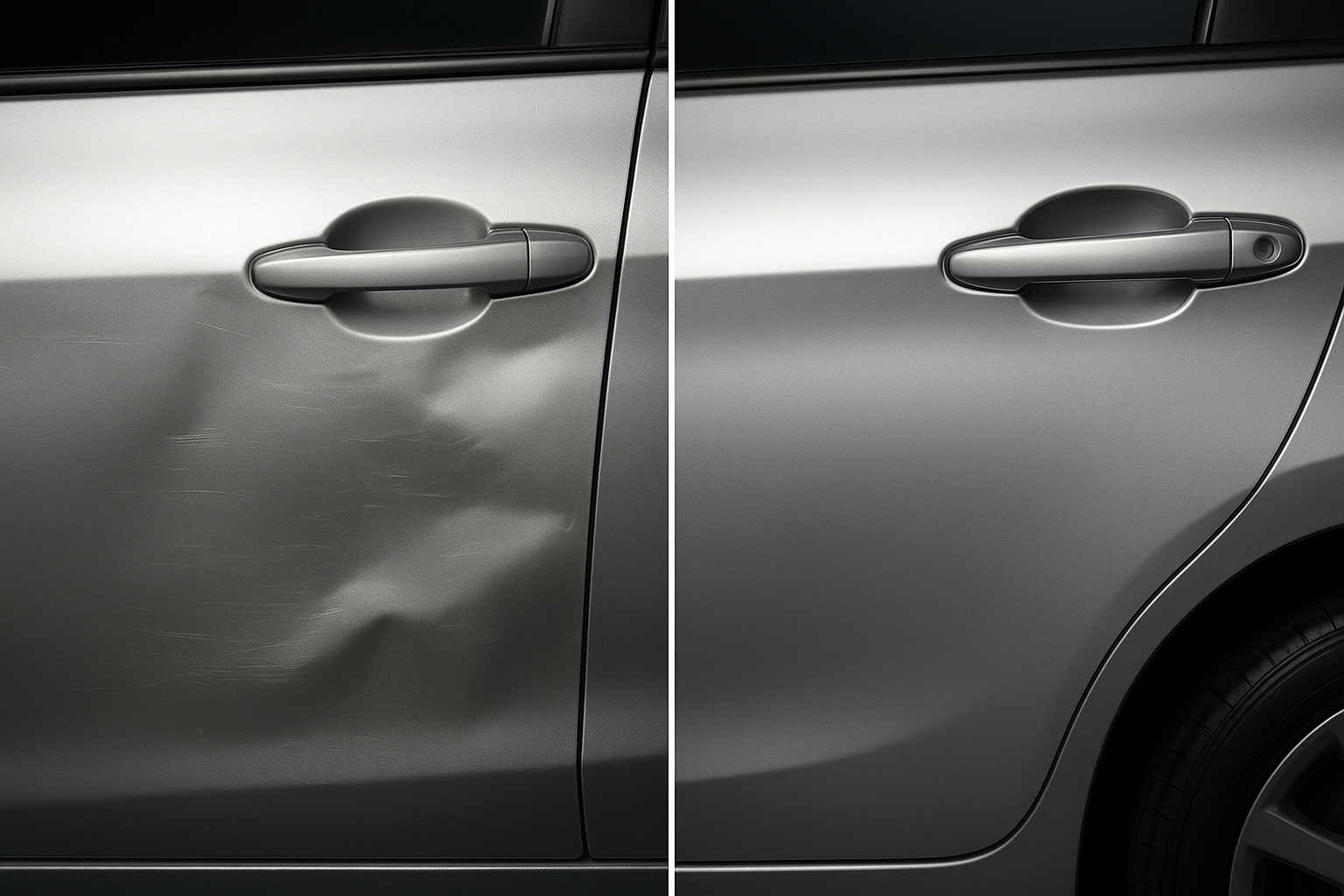 Before and after comparison of metallic paint repair showing seamless color and finish restoration